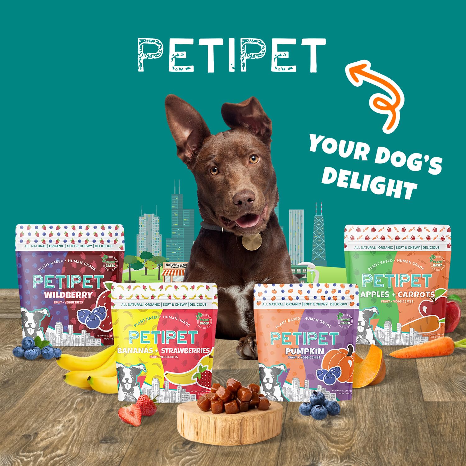 PETIPET Bananas+Strawberries Plant-Based Fruit Dog Treats - Strawberry, Apple, Banana Soft & Chewy Treats - Healthy, Vegetarian,