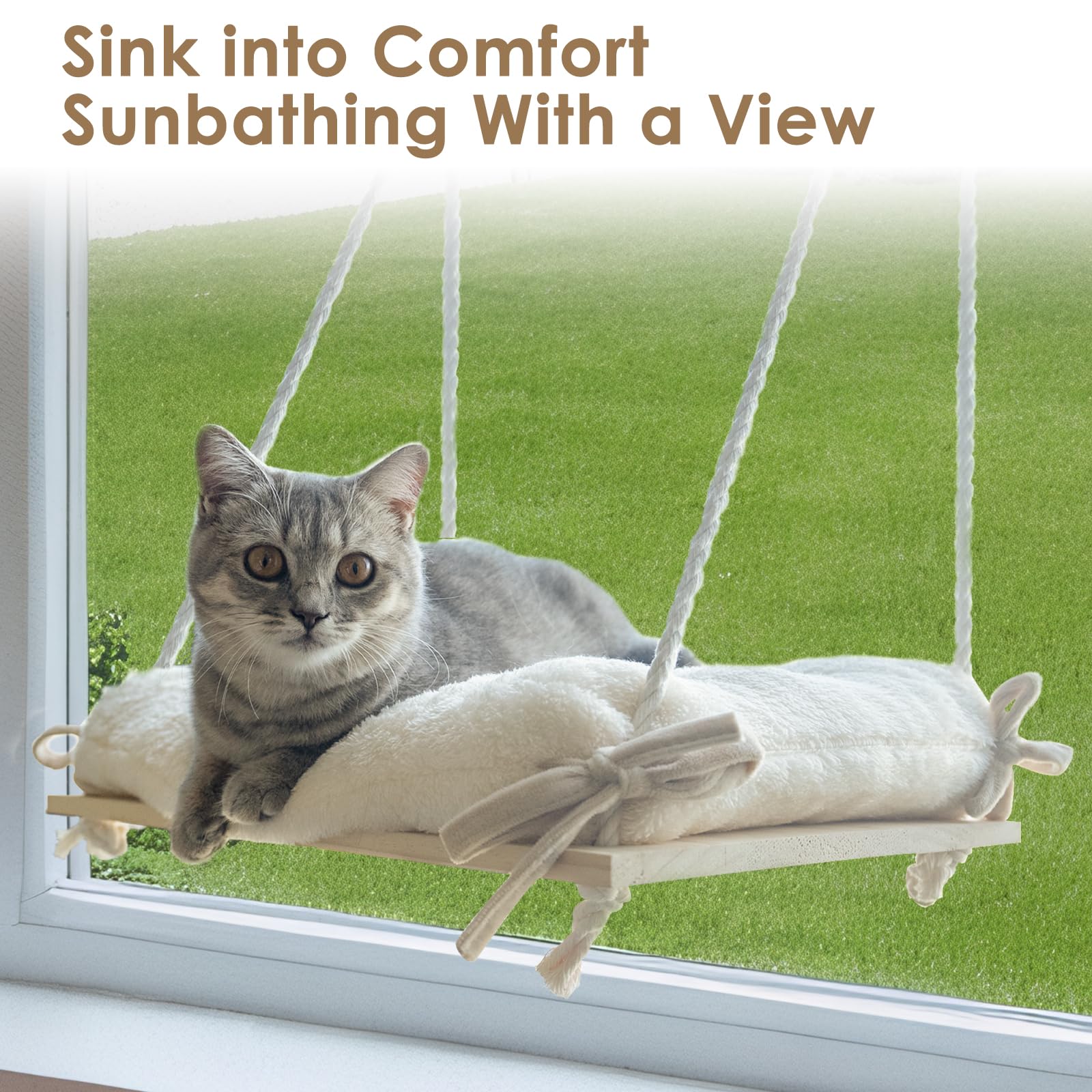 Devopet Cat Window Perch, Cat Hammock With Cushion Bed, Solid Wood Seat & Strong Suction Cups, Safety Window Bed For Indoor Cats