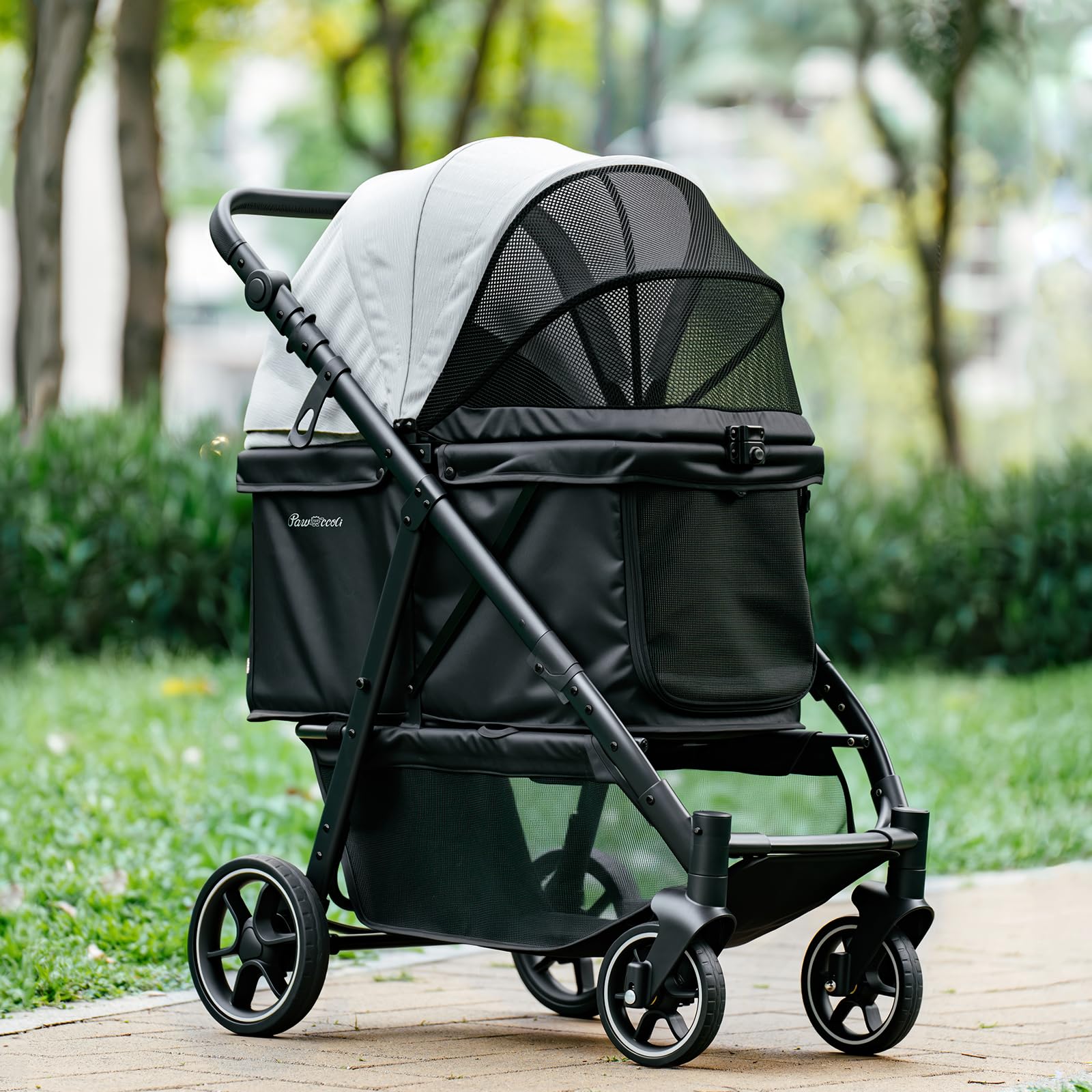Pawccoli Medium Dog Stroller, Foldable Pet Stroller with Adjustable Handle & No Zip Entry, Storage Basket & Cup Holder, Canopy, 