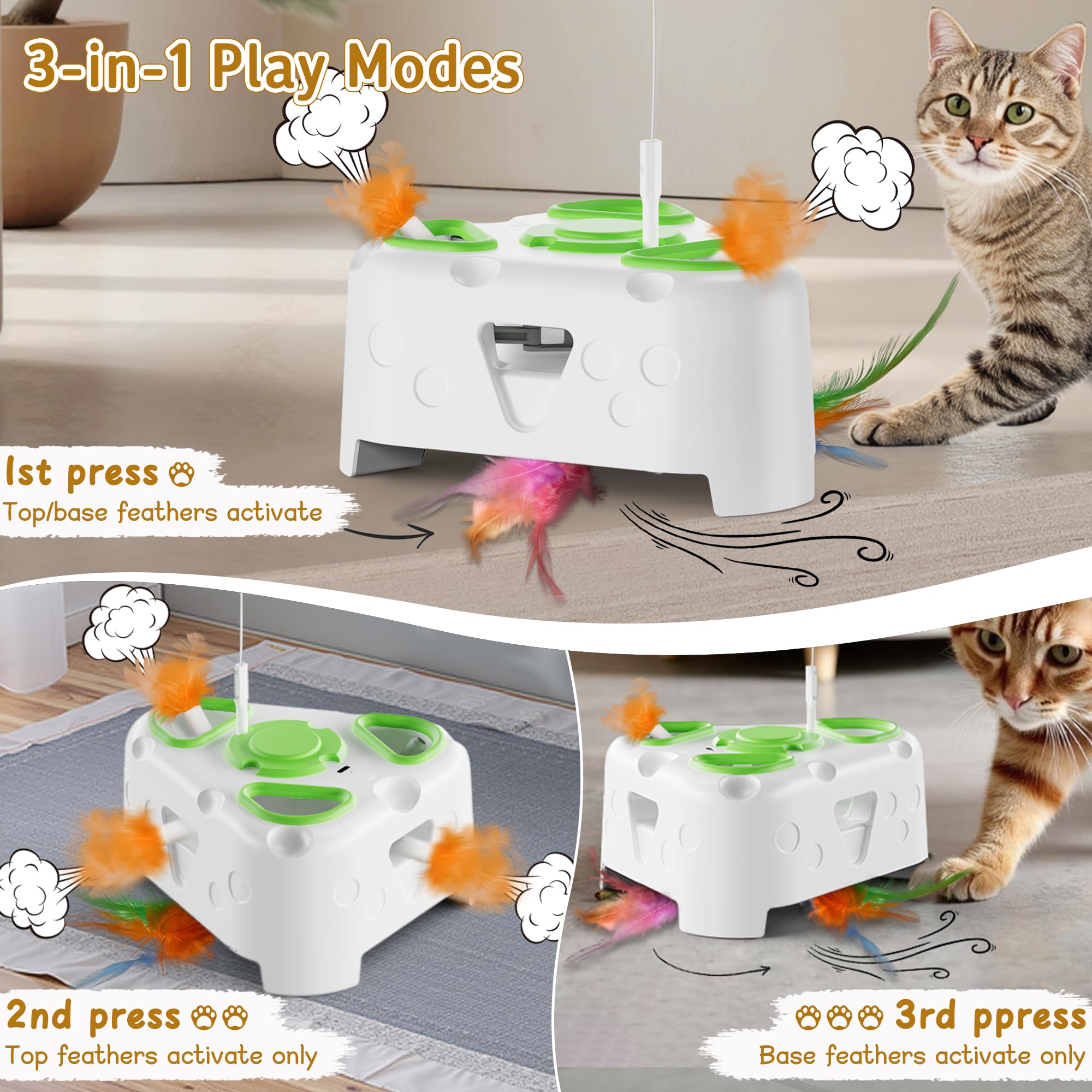 Panrio Interactive Toys For Indoor Cats,3-In-1 Cheese-Shaped Automatic Cat Toy,Flying Bird,6 Holes Whack A Mole,Rotating Feather