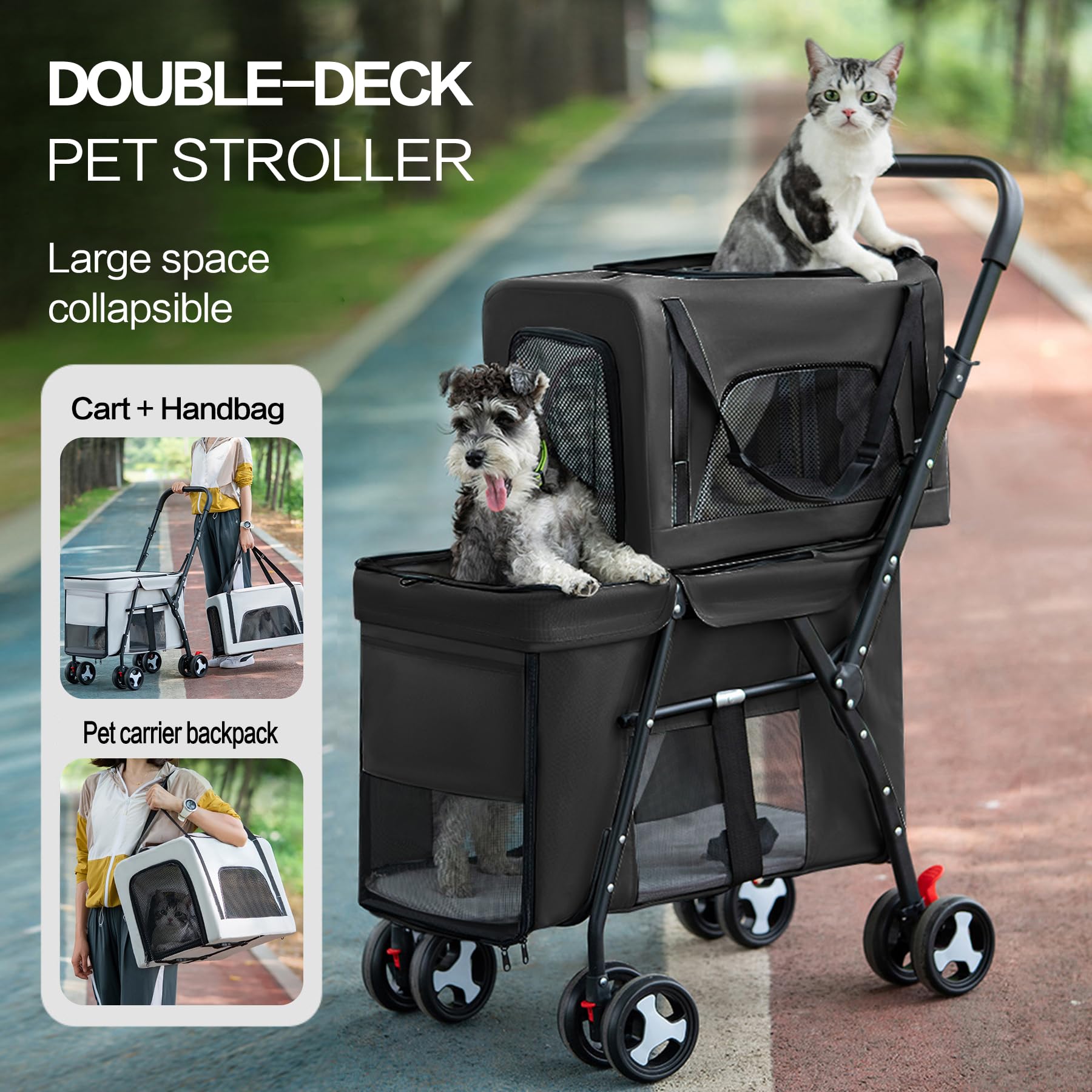Pet Stroller Double Deck 4 Wheels - Easy-Fold Dog Cat Stroller For Small Medium Dog Cats Carrier, Travel Folding Carrier Breatha