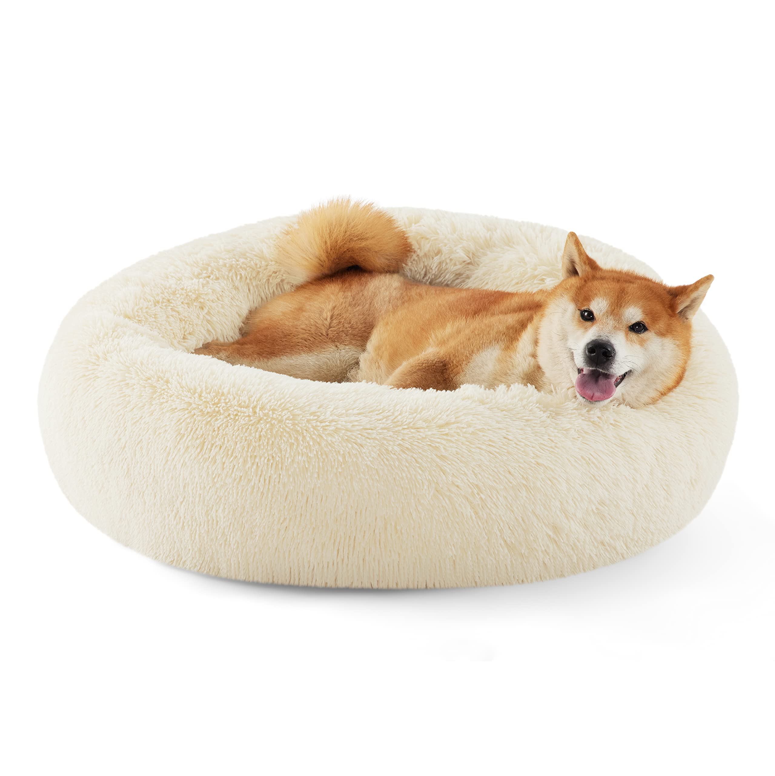 Bedsure Calming Dog Bed For Medium Dogs - Donut Washable Medium Pet Bed, Anti-Slip Round Fluffy Plush Faux Fur Cat Bed, Fits Up 