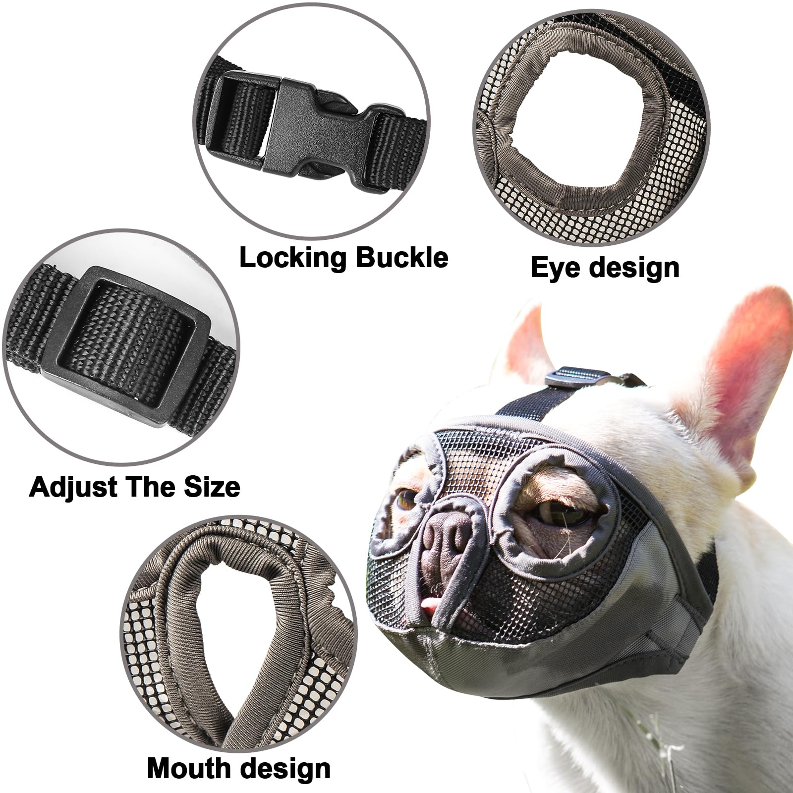 Short Snout Dog Muzzles- Bulldog Muzzle Breathable Mesh Dog Mask For Biting Chewing Training Licking Grooming (Gray, M(Head 11.1