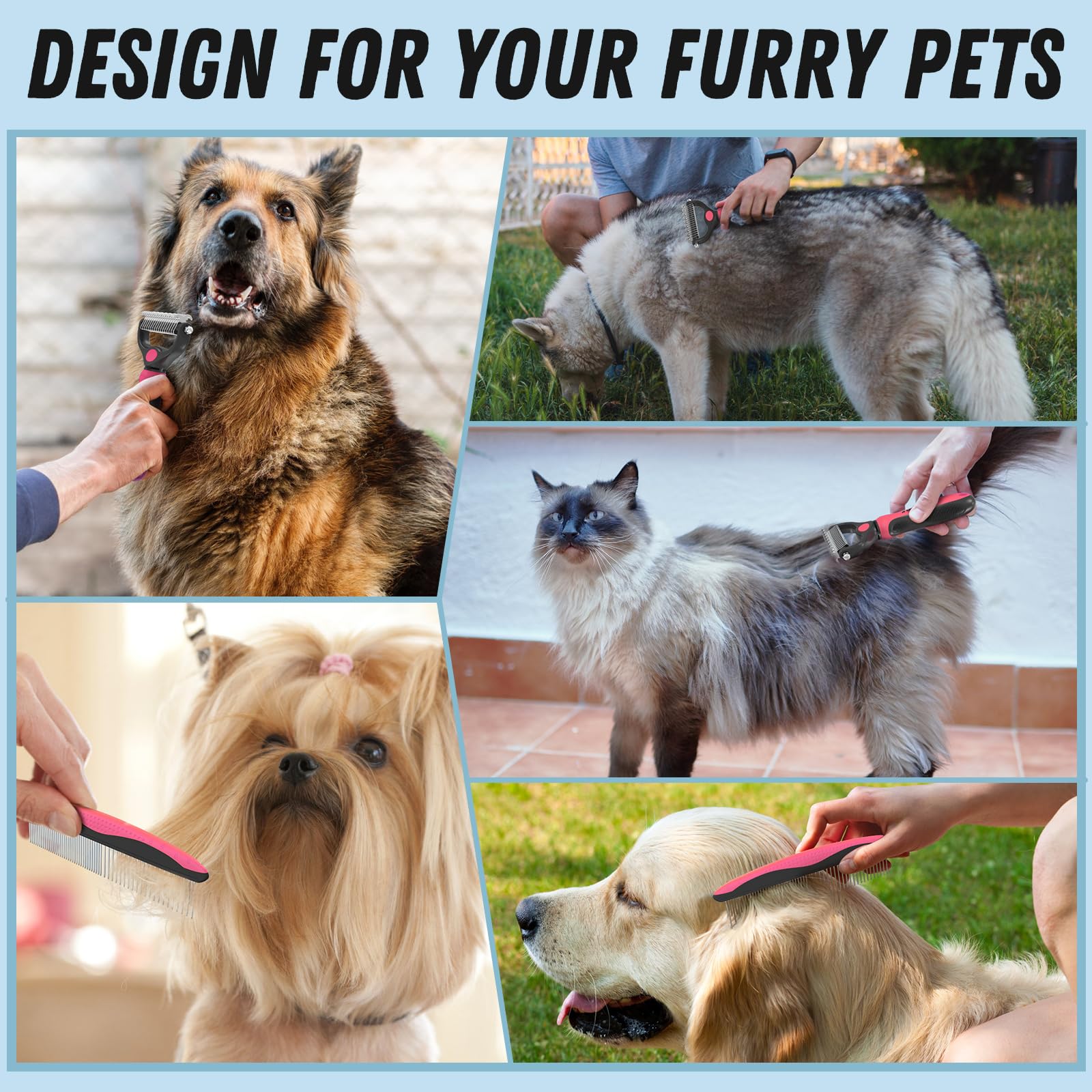 Docrok Pet Grooming Brush & Metal Comb Combo for Dogs & Cats, Pink Dematting Tool for Shedding & Undercoat Rake, Long Haired Pets