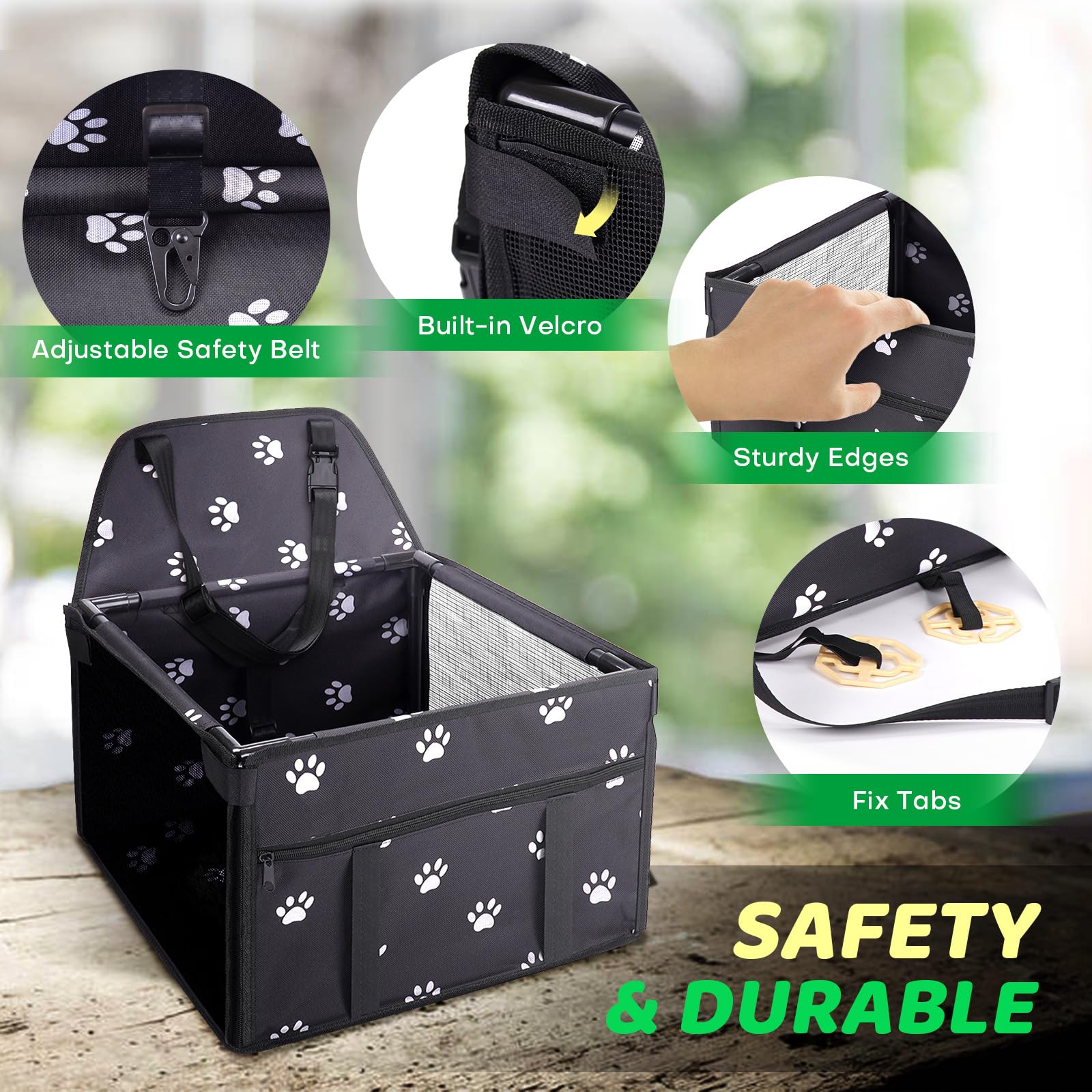 GENORTH Small Dog Car Seat, Portable Booster with Clip-On Leash, Mesh Window, Black Paw Print, for Pets Up to 11 lbs