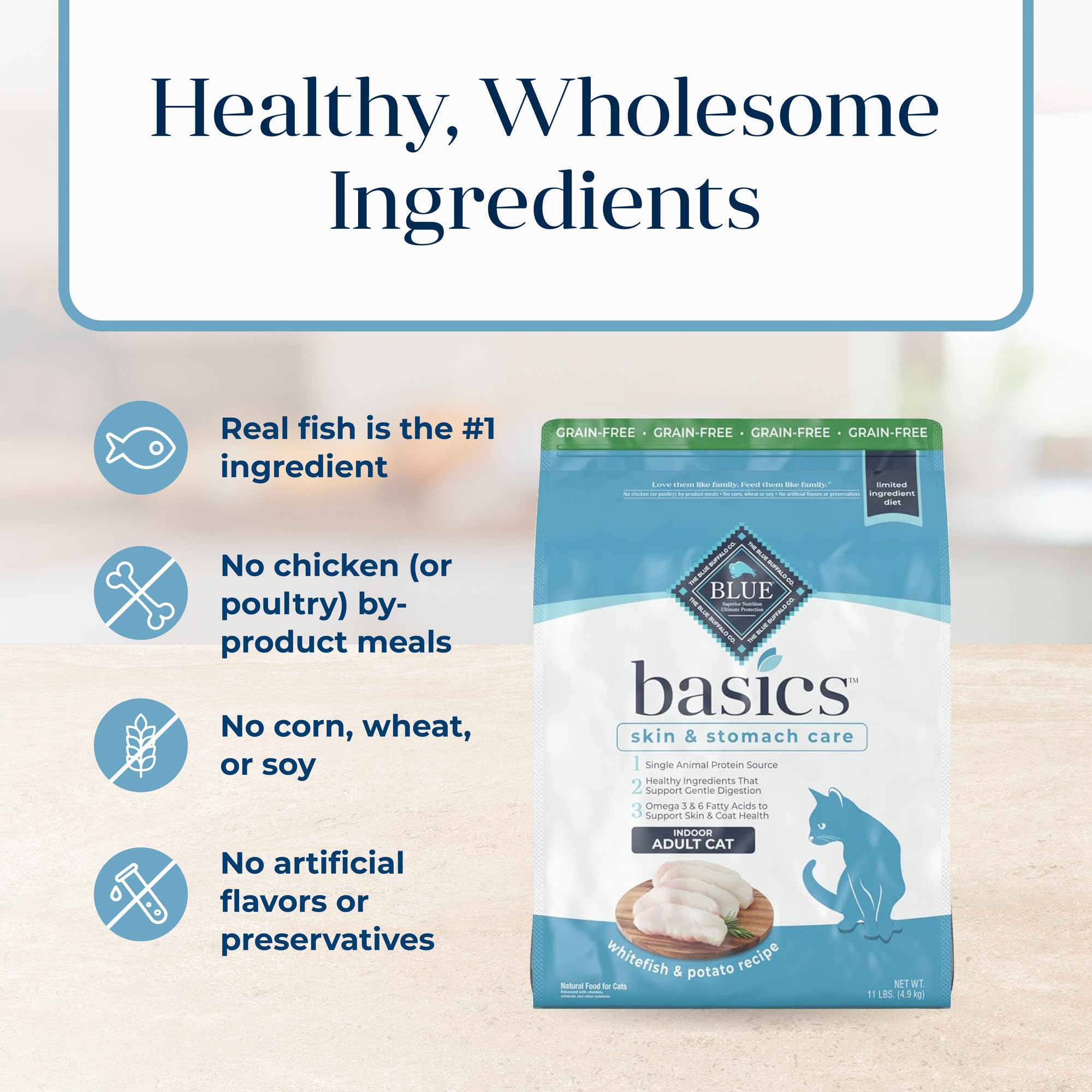 Blue Buffalo Basics Grain-Free Dry Cat Food, Fish & Potato Recipe, 11 lb for Indoor Cats