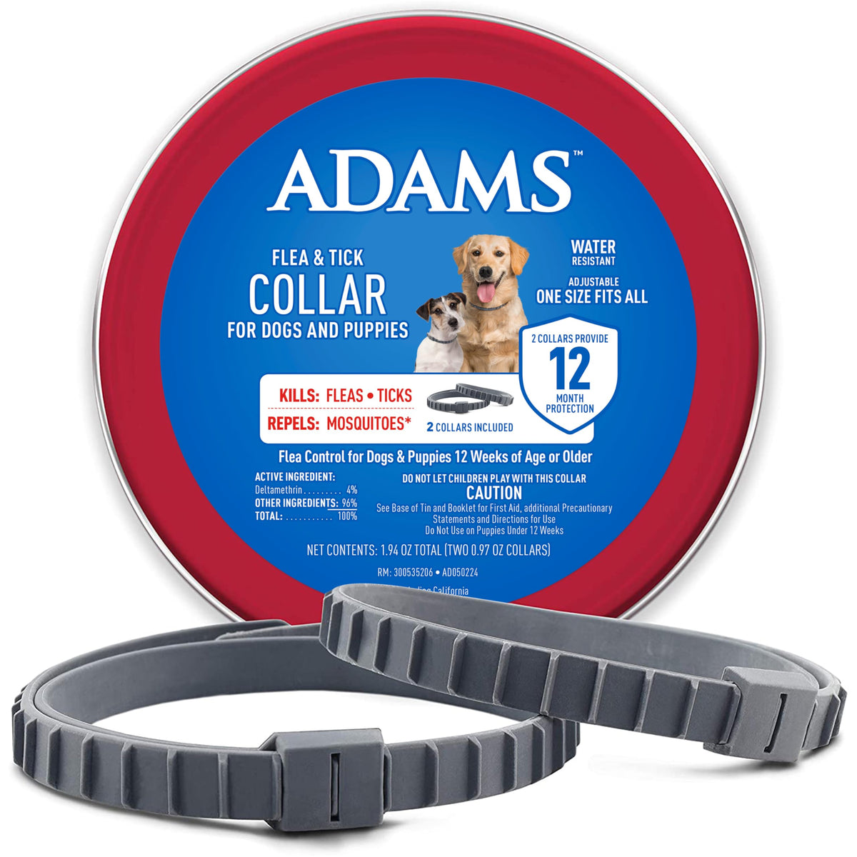 Adams Flea & Tick Collar For Dogs & Puppies | 2 Pack | 12 Month Protection | Adjustable One Size | Kills Fleas, Ticks & Repels Mosquitoes | Excluding California