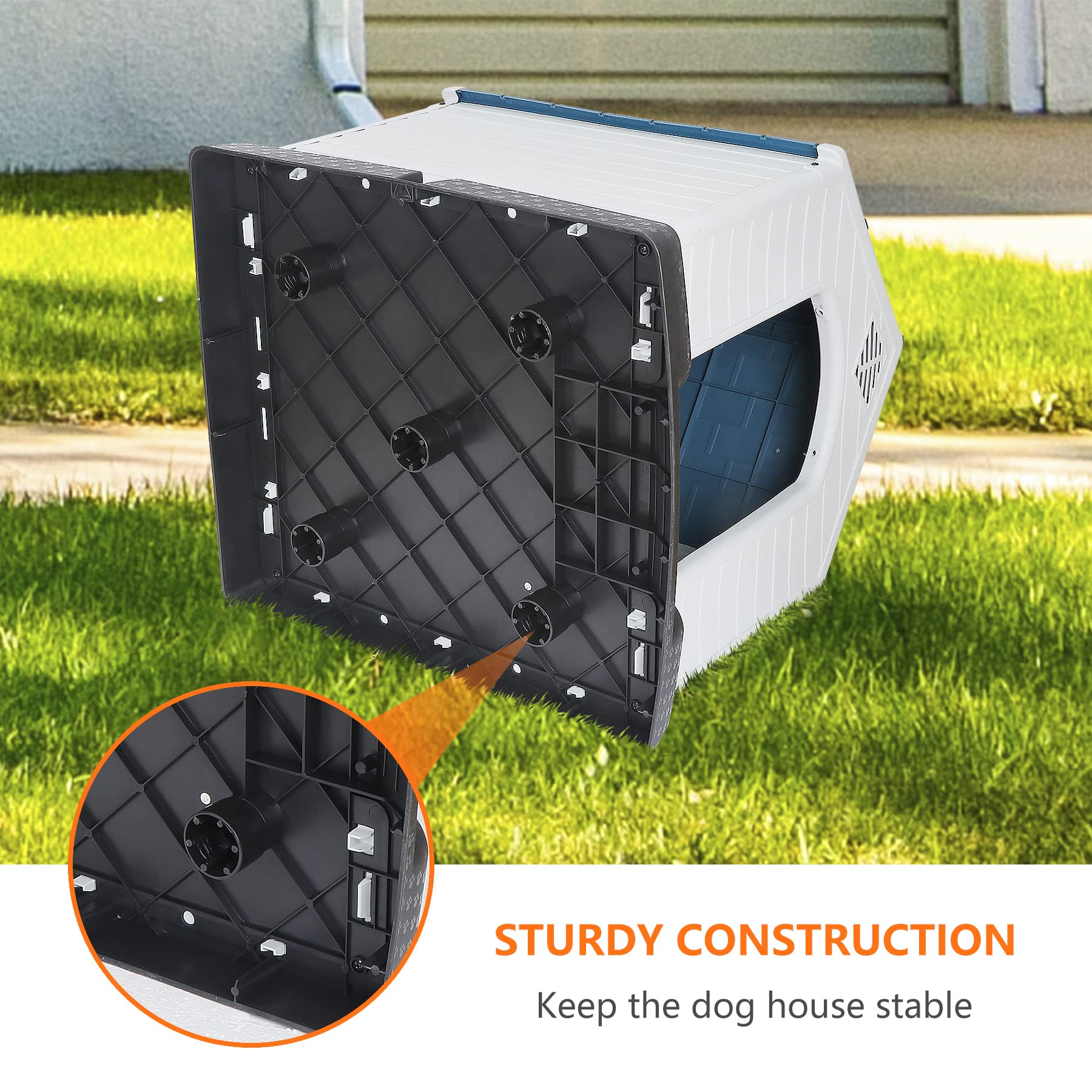 Large Plastic Dog House Indoor Outdoor Doghouse Dog Kennel Easy To Assemble Puppy Shelter W/Air Vents Elevated Floor Waterproof
