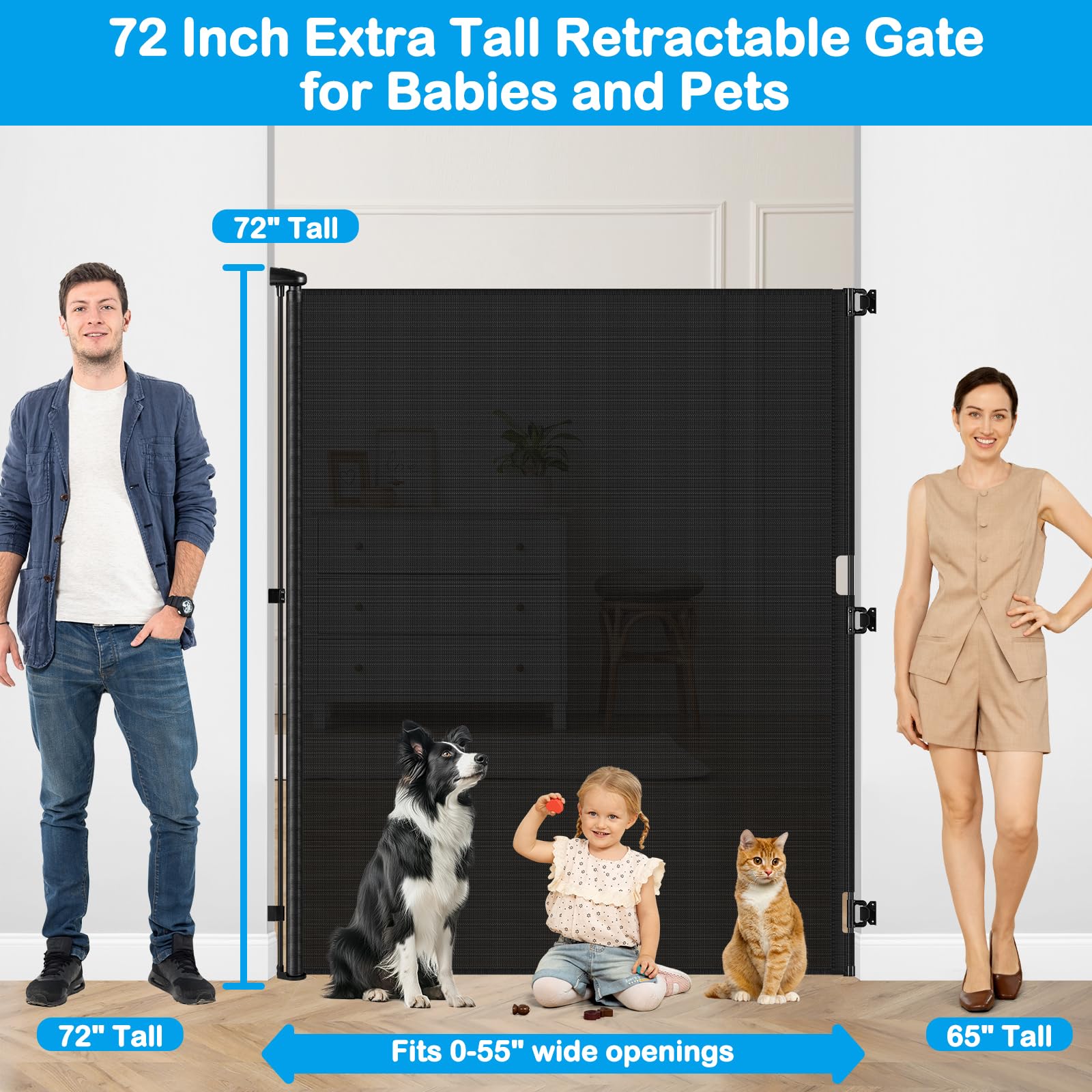 72 Inch Extra Tall Retractable Dog Gate 55 Inch Wide Extra Tall Retractable Baby Gates for Doorways 6 Foot High Baby Gate for Ca