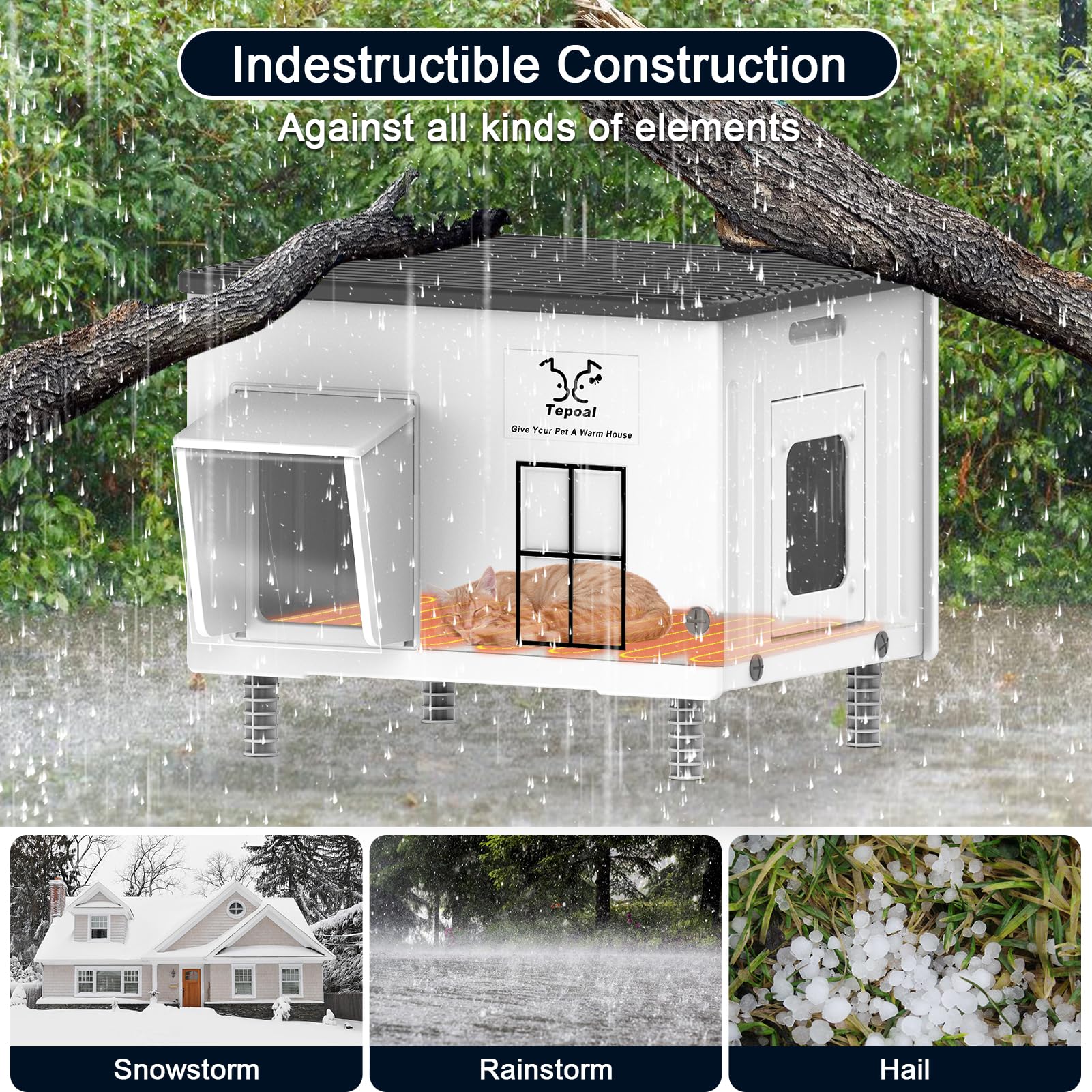 Dahivs Indestructible Heated Cat House for Outside Winter, Heated Outdoor Cat House Weatherproof with Escape Door, Waterproof &