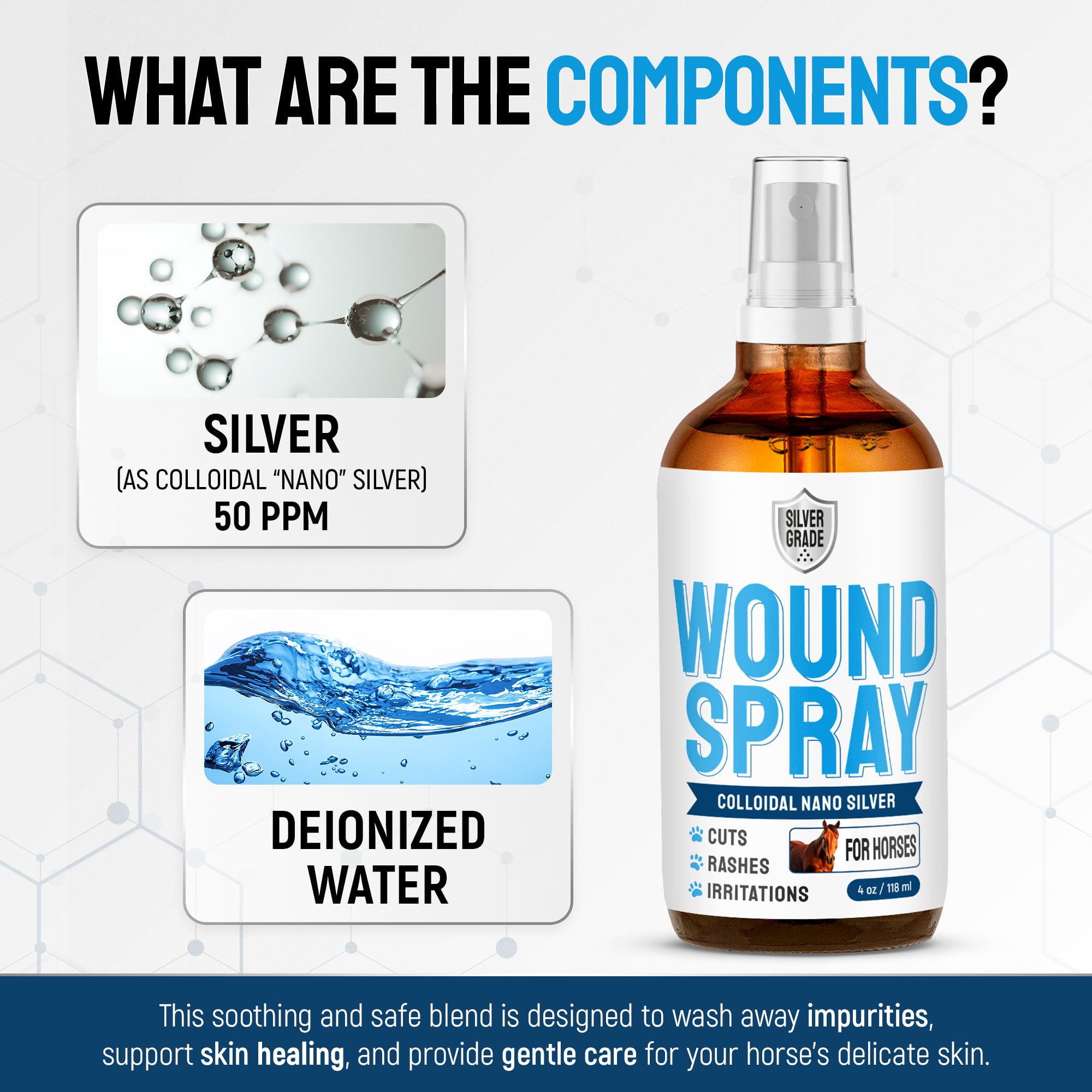 Horse Wound Care Spray with Silver - Wounds, Scratches, Cuts, Abrasions, Itching, Hot Spots, Skin Irritation - First Aid Solutio