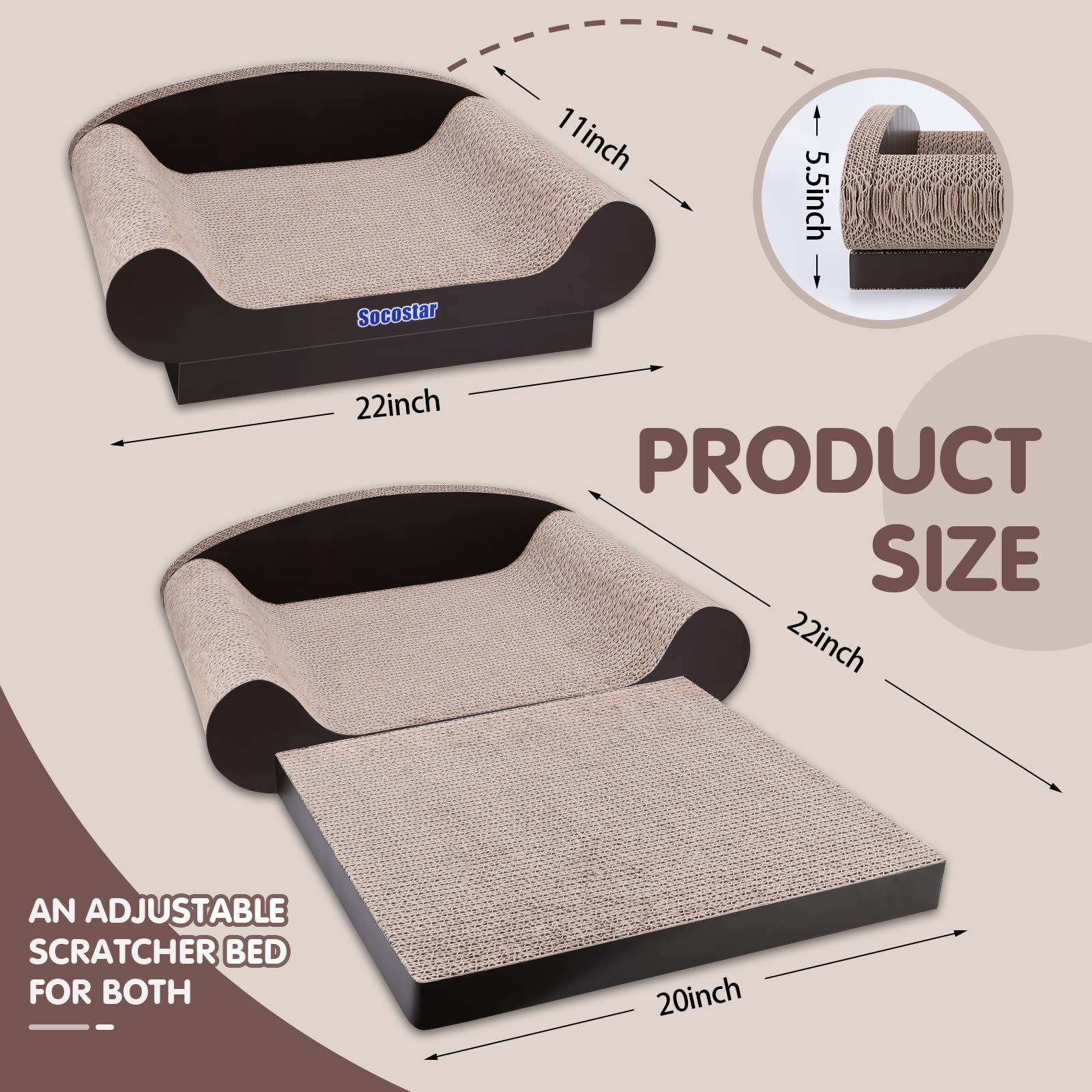 Socostar Cat Couch Bed Pad, Cardboard Cats Scratcher Furniture with Catnip, Large Scratch Sofa for Indoor Cats, Wear Resistant a