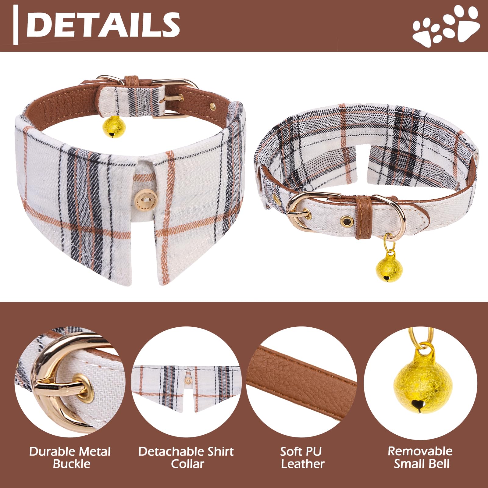 Expawlorer Dog Collar And Leash Set - Embroidery Pawprints Plaid Dog Leash And Collar Set, Cute Dog Bandana Collar With Bell, Do