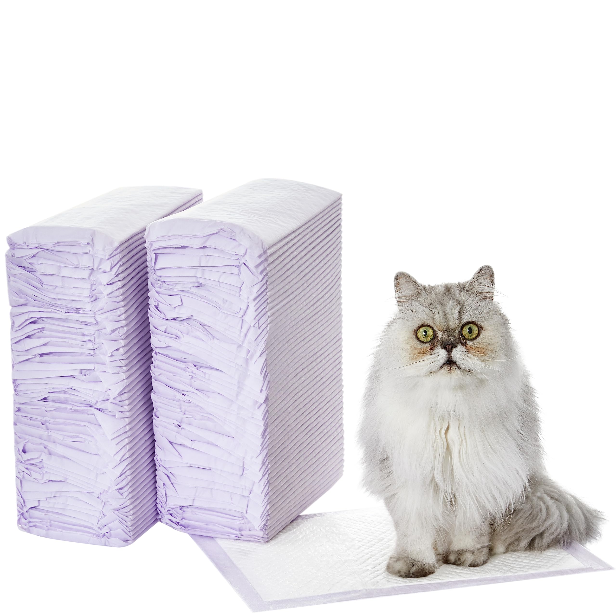 Amazon Basics Cat Pee Pads, 100 Count, Universal Fit For Litter Box, Odor Control With Fresh Scent, White/Purple