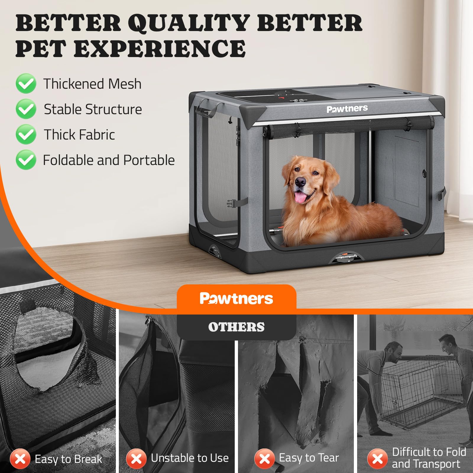 Collapsible Dog Crate: 42 Inch Foldable Soft Sided Dog Crate For Extra Large Dogs, Portable Dog Travel Kennel With Soft Mat For