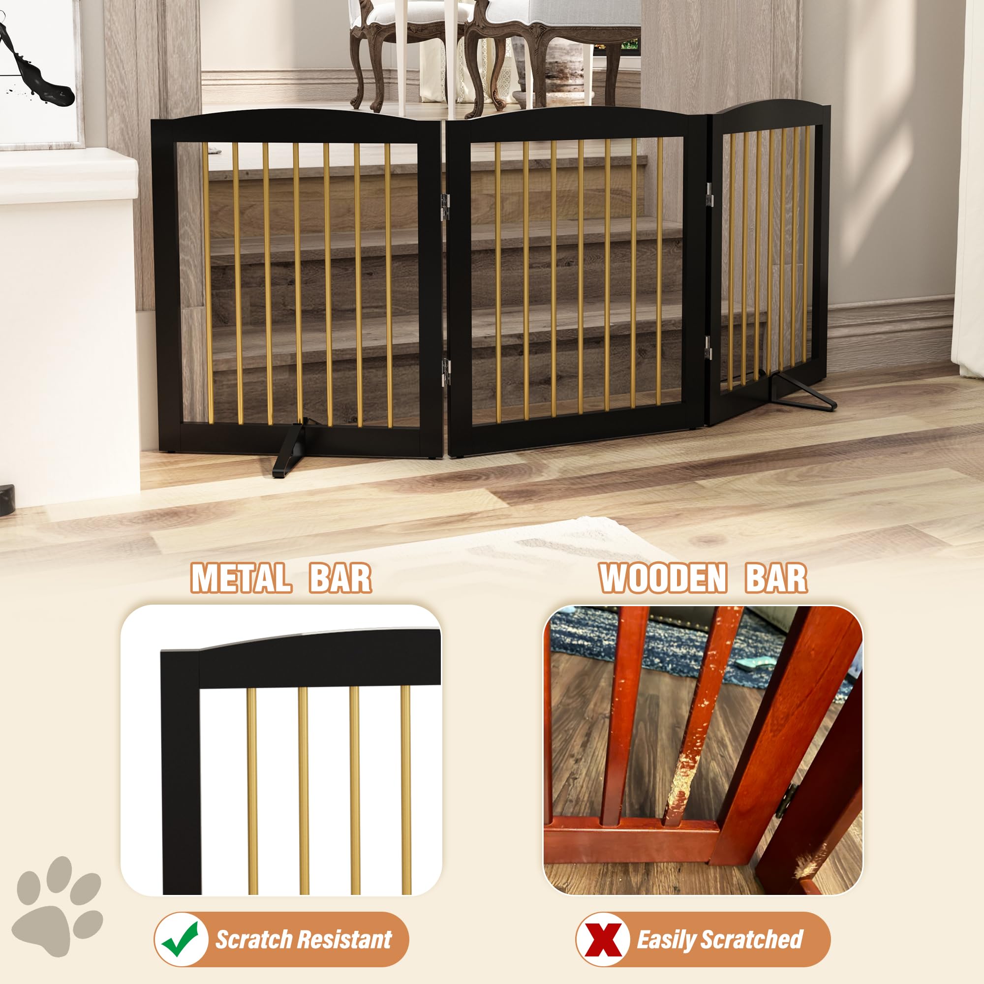 PUPETPO Freestanding Pet Gate - Foldable Wooden Dog Gate, 24" Height, 3 Panels, Black & Gold, Model BG3-24, Indoor Safety Fence