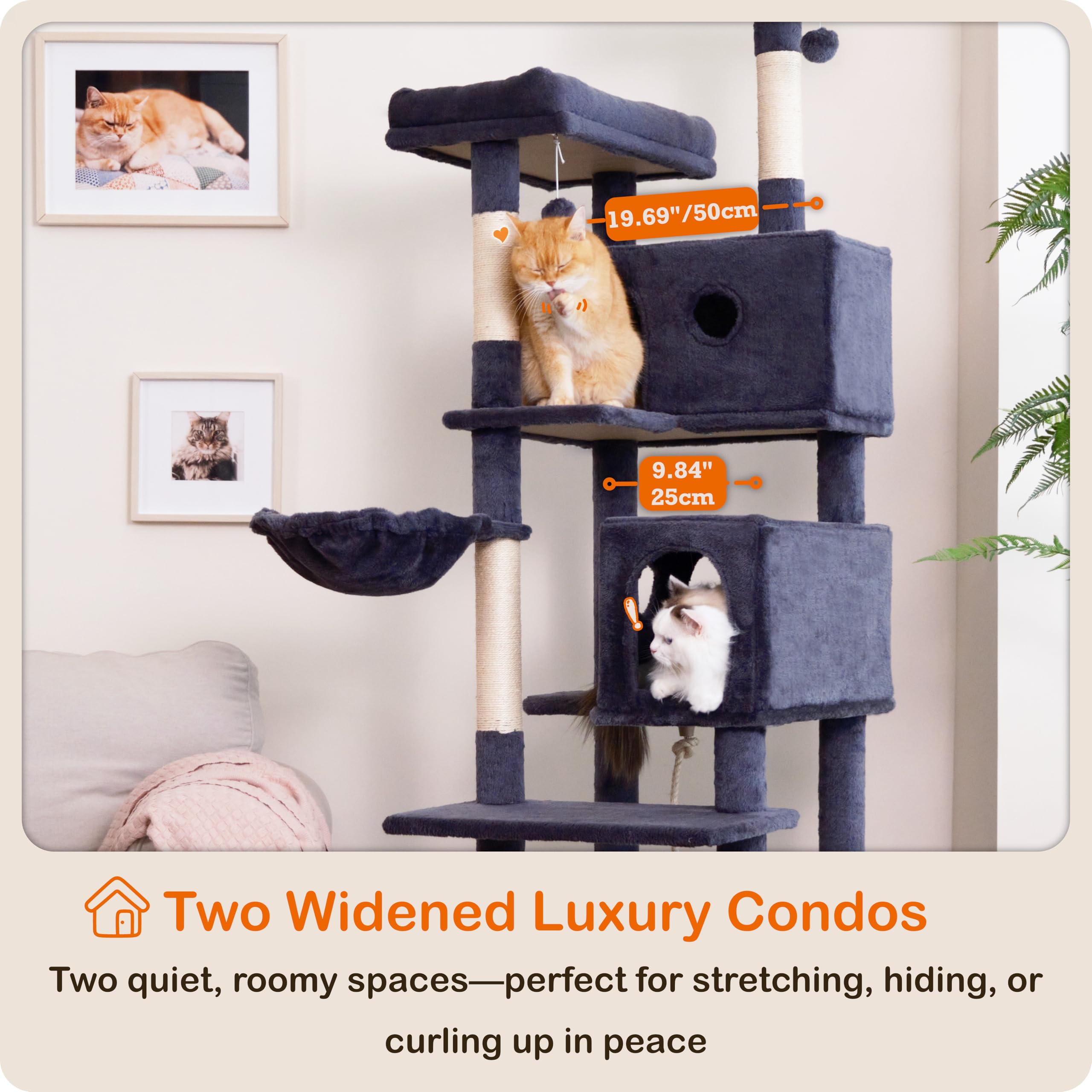 Ouritsu Cat Tree, 73.6 Inch Tall Cat Climbing Tower For Large Cat Indoor With 2 Large Condos, 2 Widened Perches, Sisal Covered S