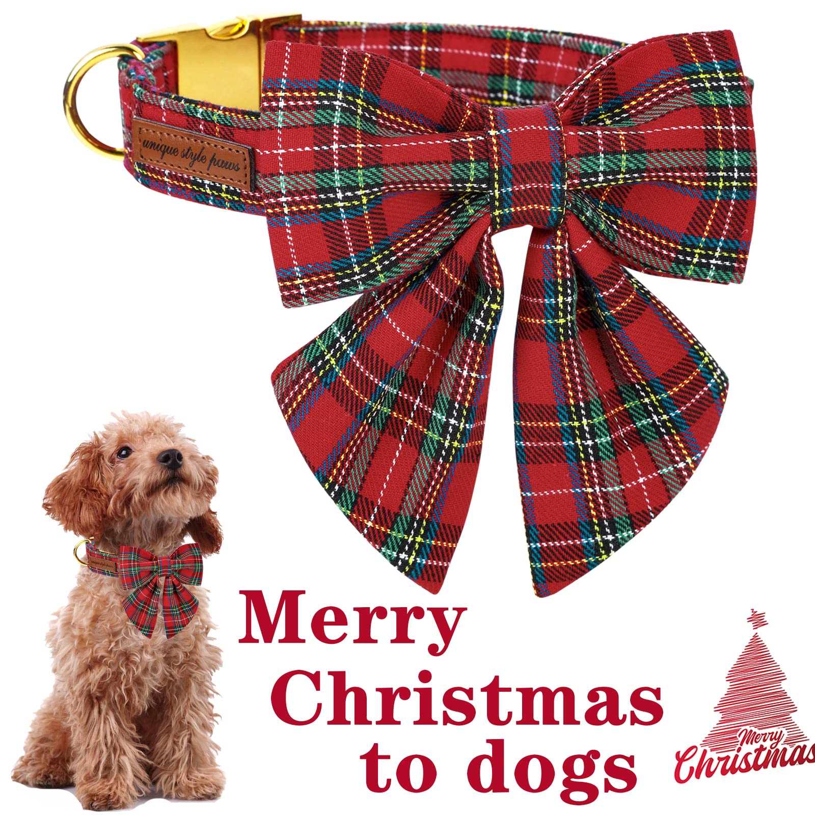 Unique Style Paws Christmas Dog Collar With Bow Tie Scottish Plaid Puppy Collar For Small Medium Large Dogs As Holiday Autumn Winter Gifts-L