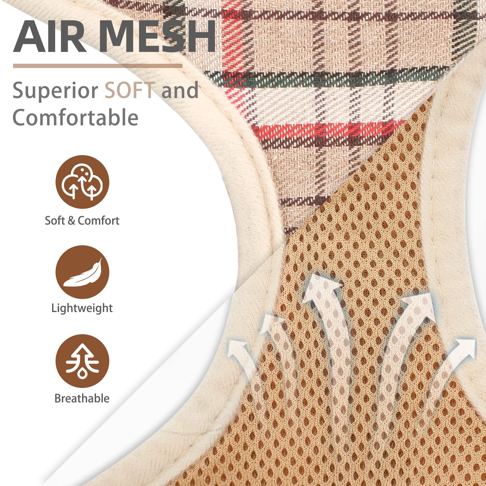 PUPTECK Soft Mesh Dog Harness - Comfort Padded Vest, No Pull, X-Small, Khaki, Model PUP22DHS01-XS-Bge