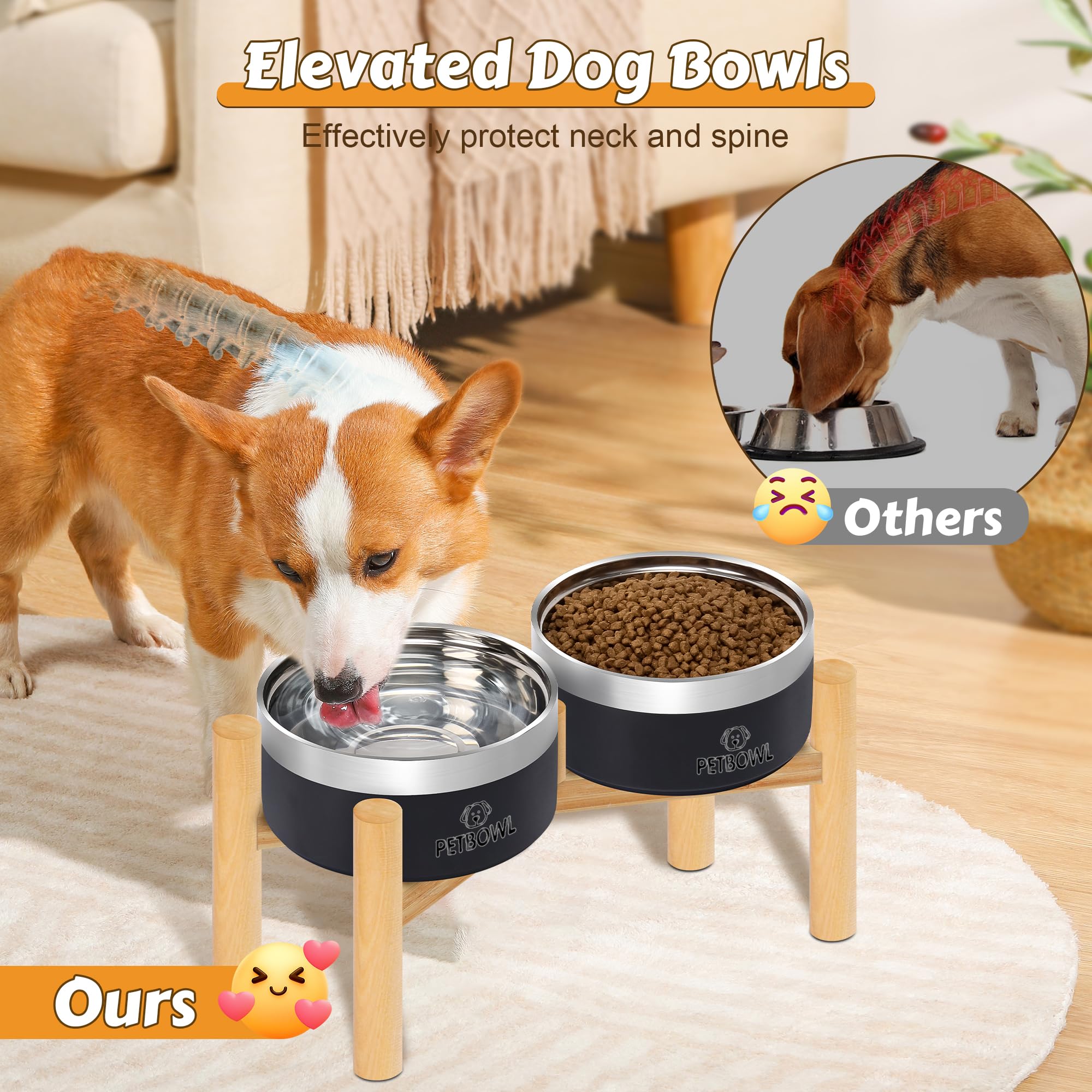 UPSKY Elevated Dog Bowls - 27oz Stainless Steel Anti-Spill Set with Wooden Stand, Double Raised Bowls for Small/Medium Dogs to R