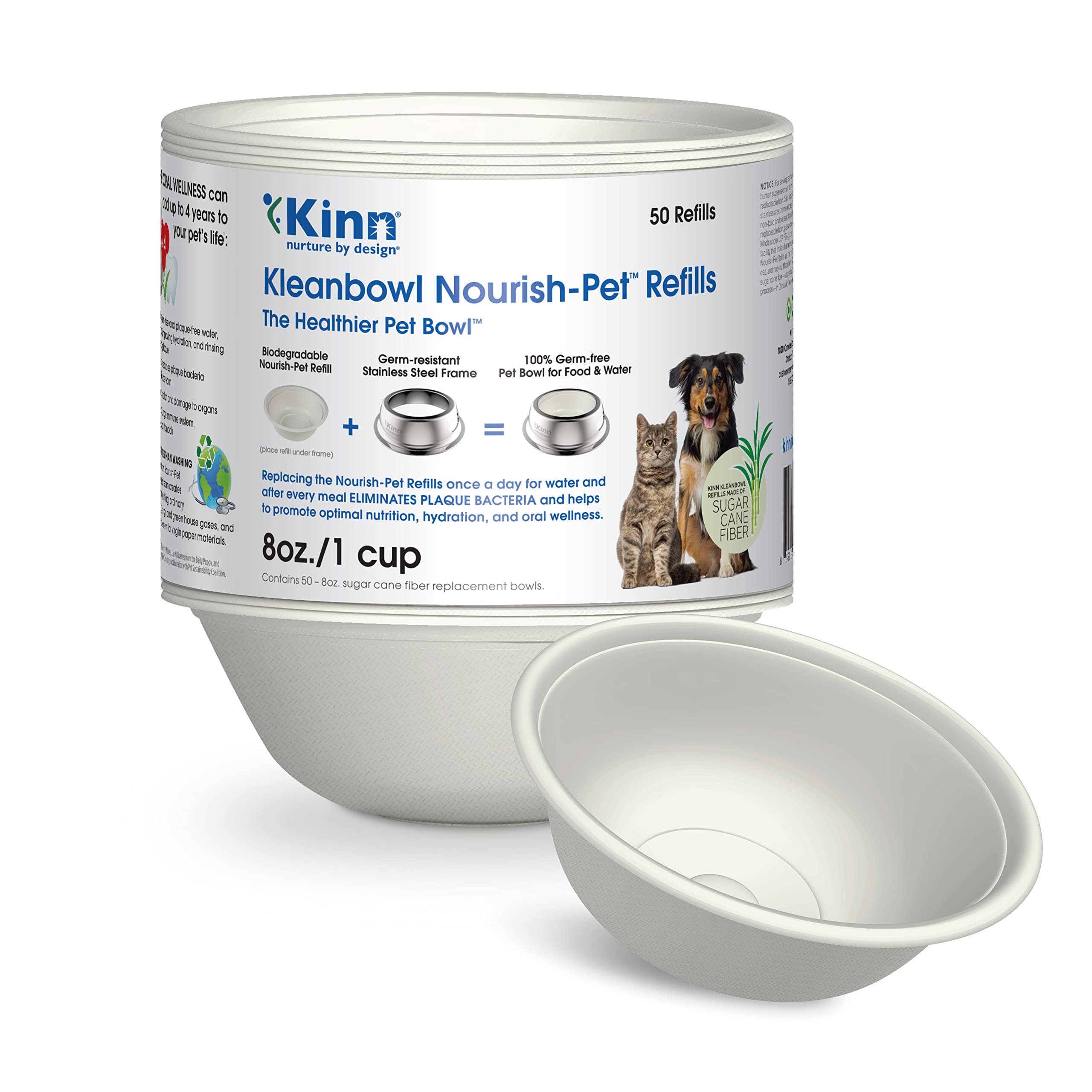 Kinn Kleanbowl Disposable Dog Food Bowls, 8 oz (Pack of 50) - Frame System Refills, Compostable Cat Food Bowls, Leakproof for Pe