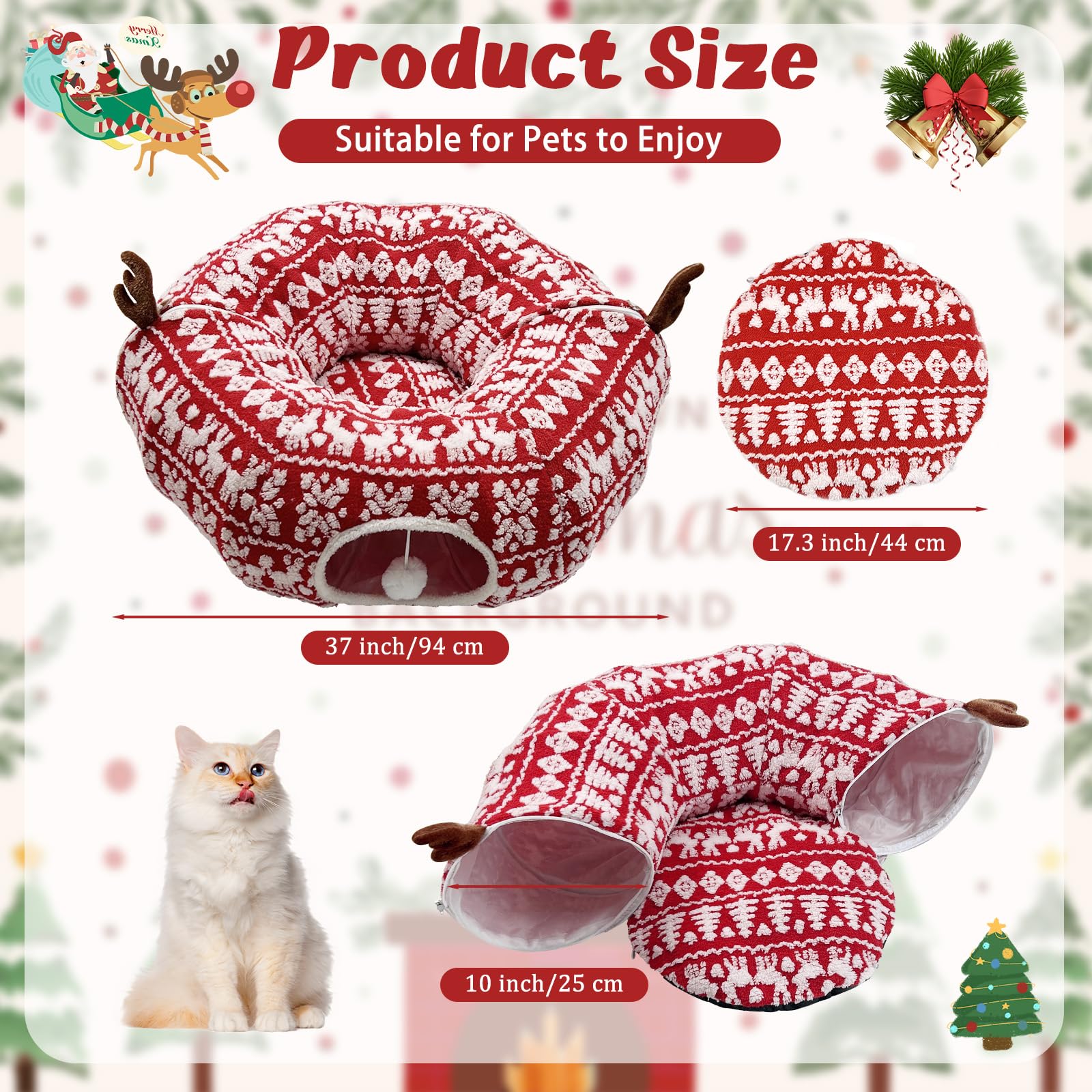 Cat Donut Tunnel for Christmas Tree - Warm Soft Cat Tube Christmas Tree Skirt, Christmas Themed Patterns Cats Red Tunnel Bed wit
