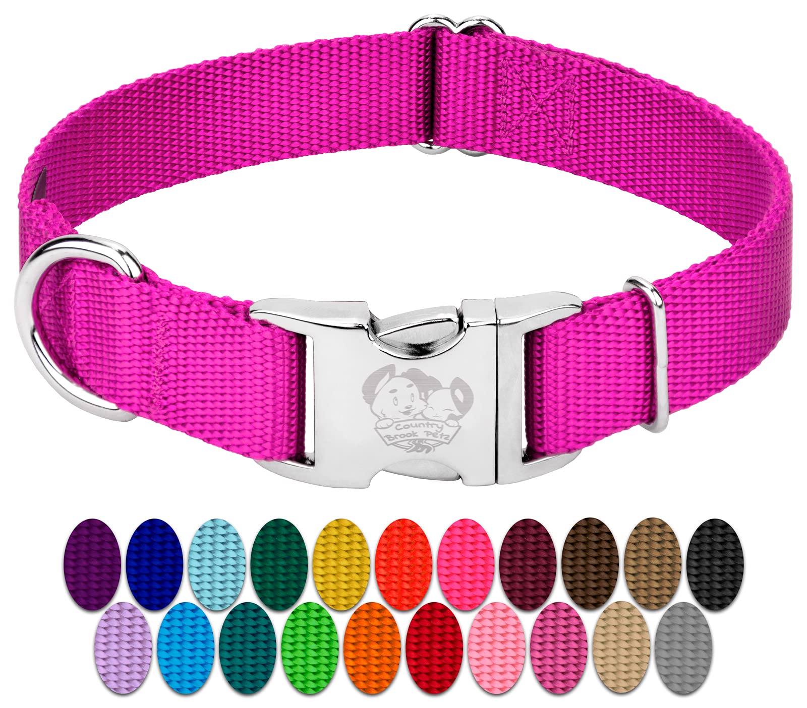 Country Brook Petz Premium Nylon Dog Collar With Metal Buckle For Small Medium Large Breeds - Vibrant 30+ Color Selection (Mediu