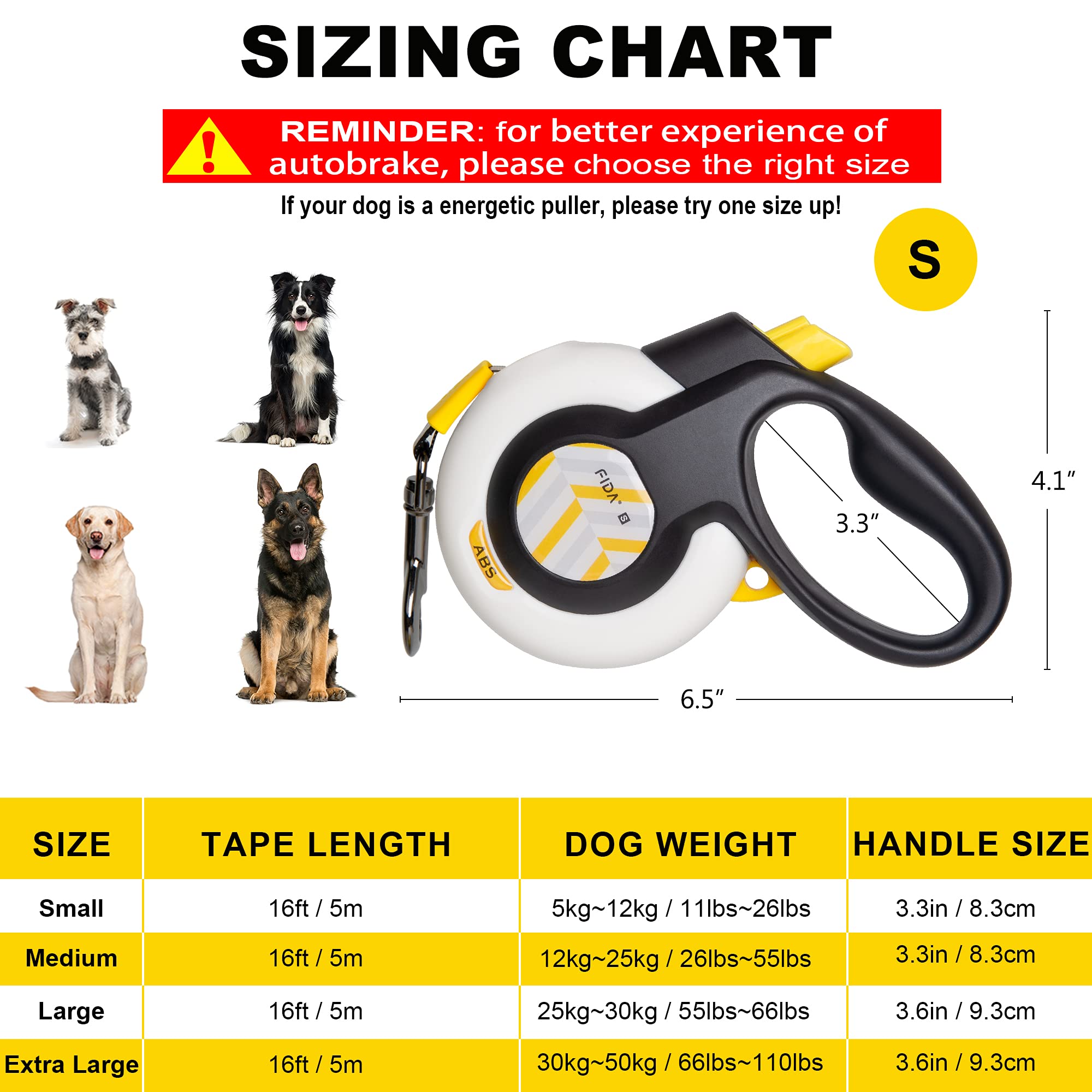 FIDA AutoBrake Retractable Dog Leash. Advanced Patented Design for Dog Pulling, 16 ft Heavy Duty No Pull Pet Walking Leash for S
