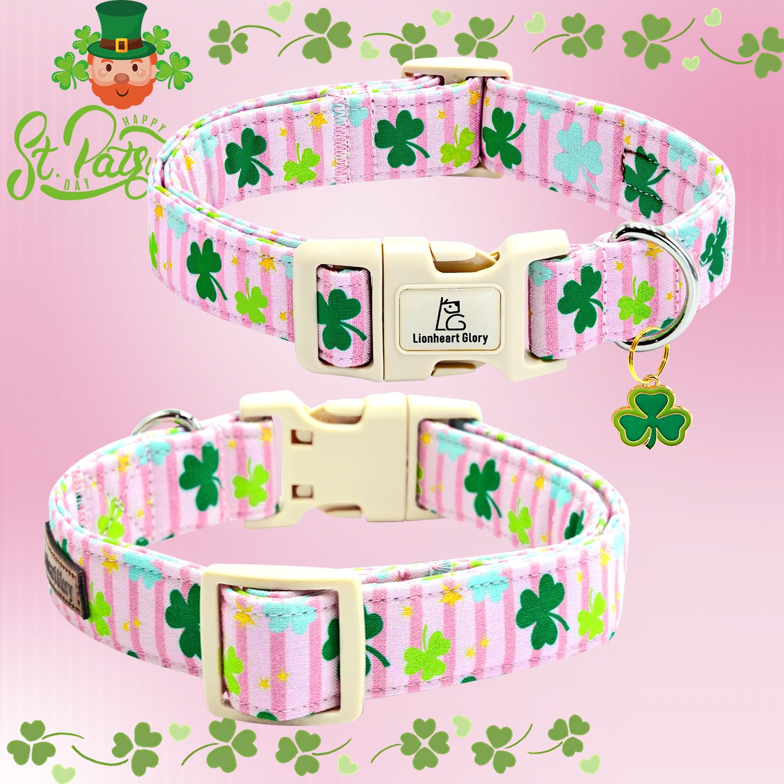 Lionheart Glory St. Patrick'S Day Dog Collar - Lucky Clover Shamrock Collar For Small Dogs - Pink, Adjustable, Heavy-Duty, Pet G