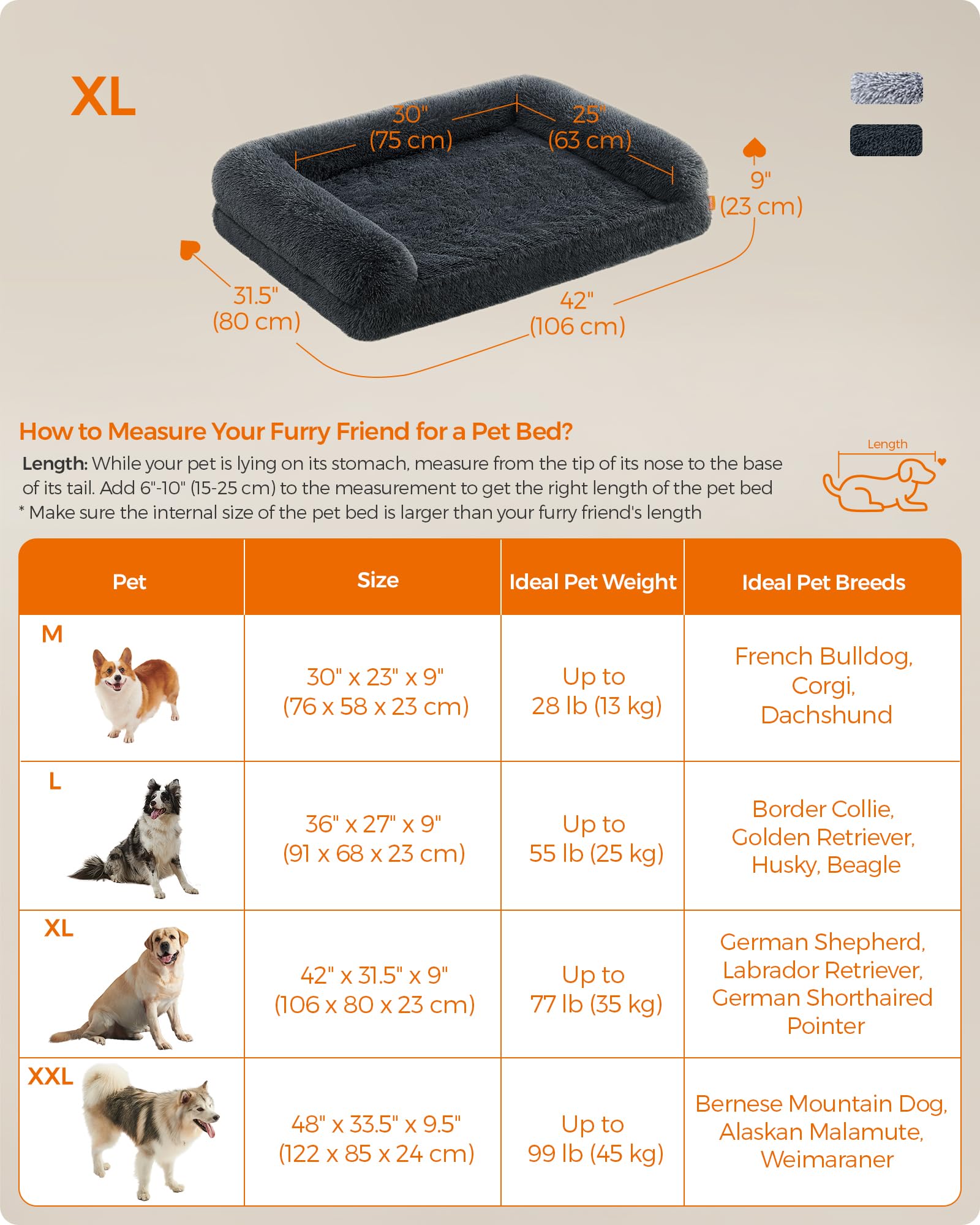 Feandrea Dog Bed, Orthopaedic Dog Sofa Bed For Medium And Large Dogs, Waterproof Ped Bed With Removable Washable Cover, 42 X 31.