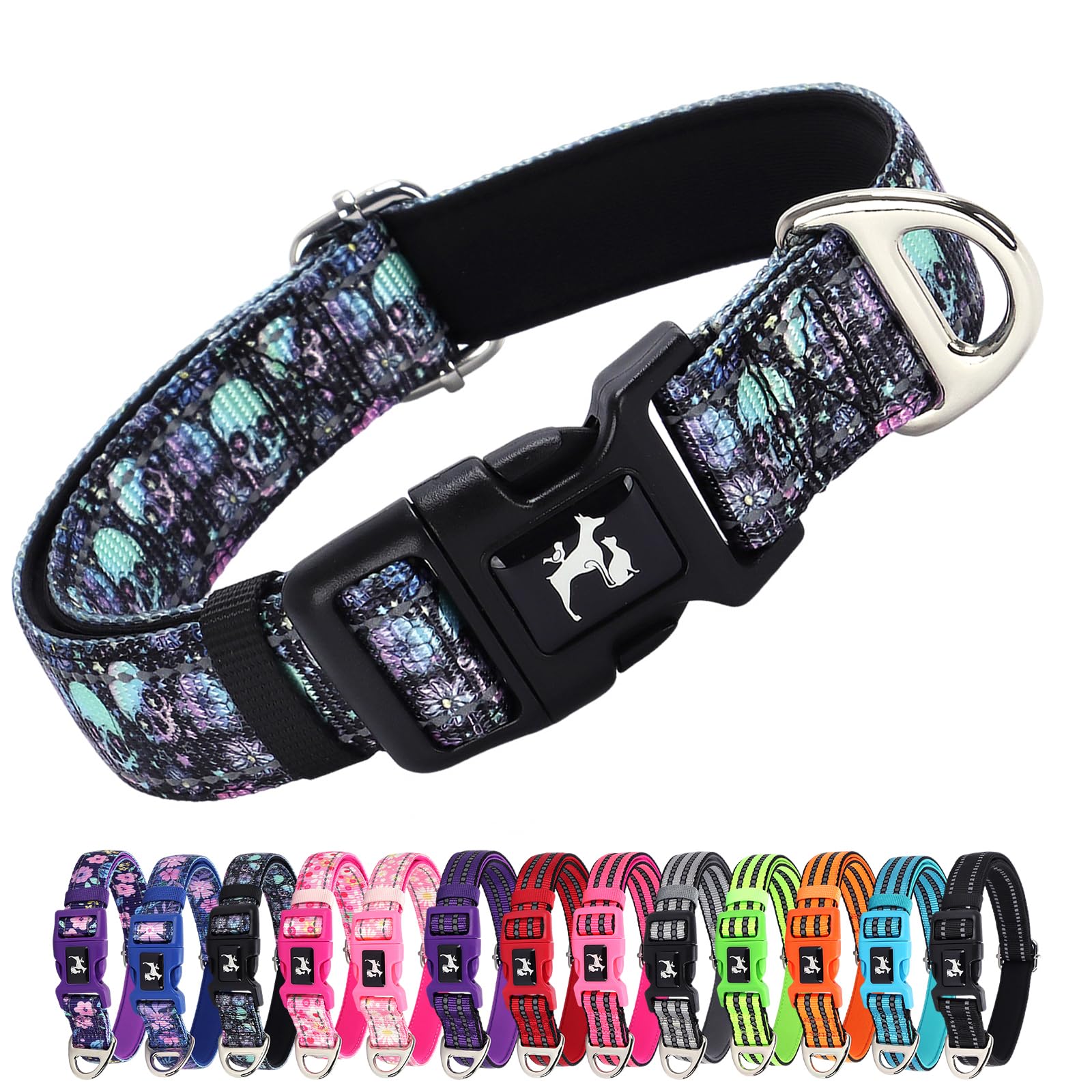 Reflective Dog Collar For Medium, Large & Extra Large Dogs - Soft Neoprene Padded, Adjustable Skull Design Stylish Gift Pet Coll