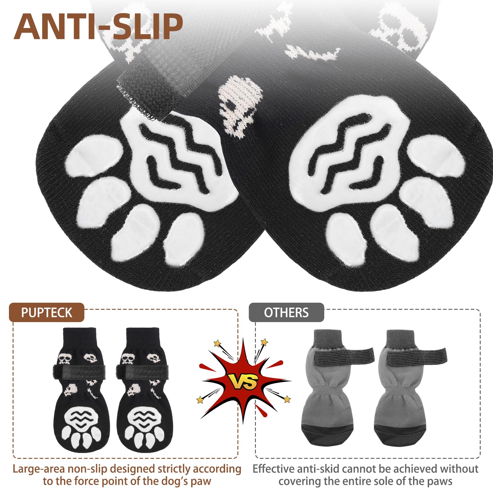 Pupteck Double Sides Anti-Slip Dog Socks Halloween Costumes, 3 Pairs Soft Paw Protector With Adjustable Straps, Strong Traction