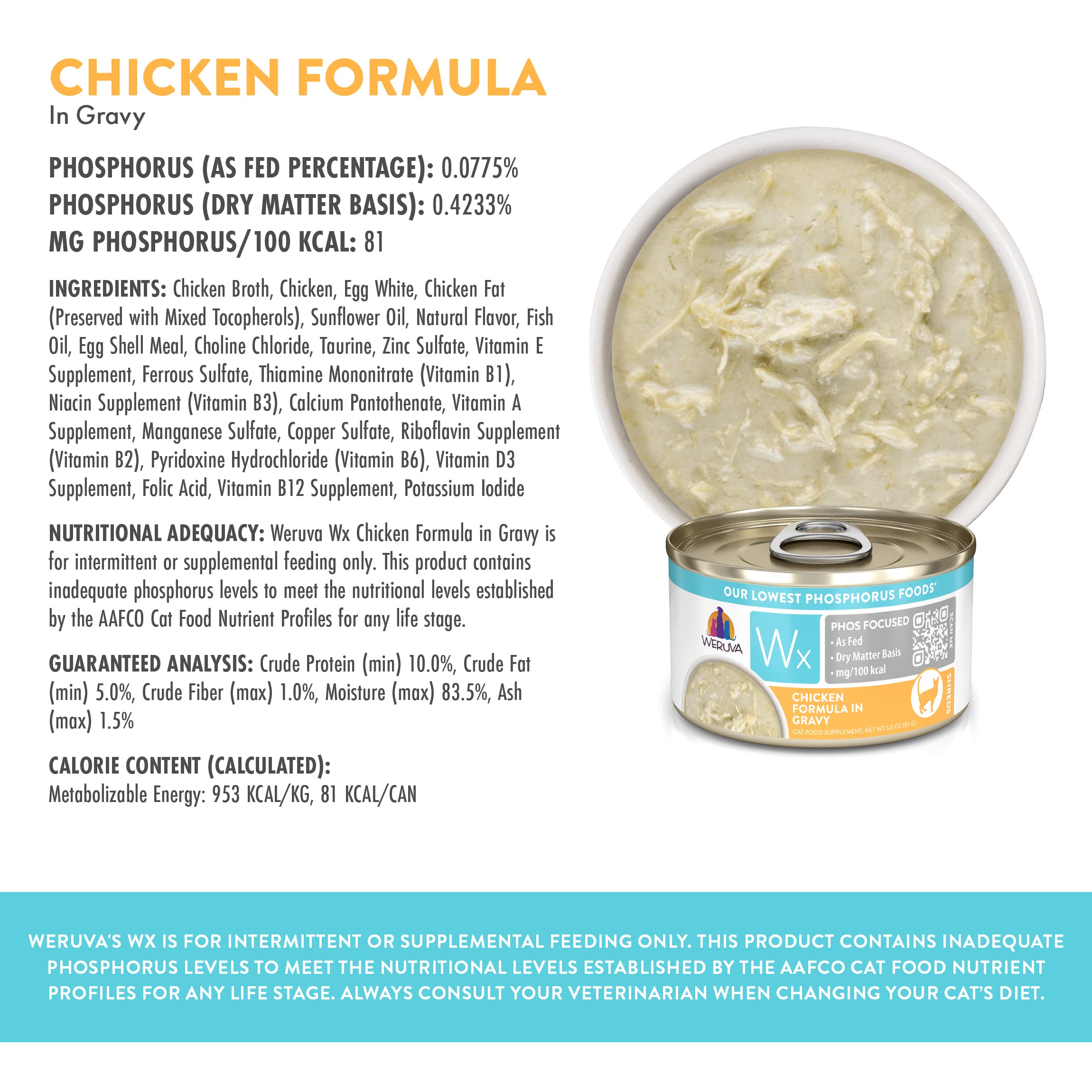 Weruva Wx Phos Focused, Chicken Formula in Gravy, 3oz Can (Pack of 12)