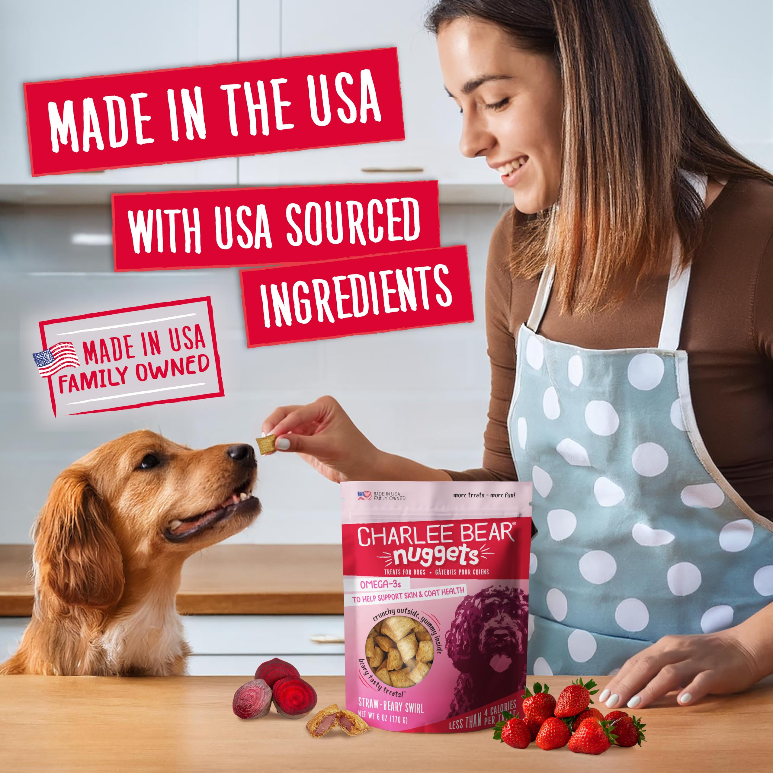 Charlee Bear Nuggets Crunchy and Soft Dog Treats, Strawbeary Swirl, 6 Ounce Resealable Bag, Skin and Coat Support, Grain Free, L