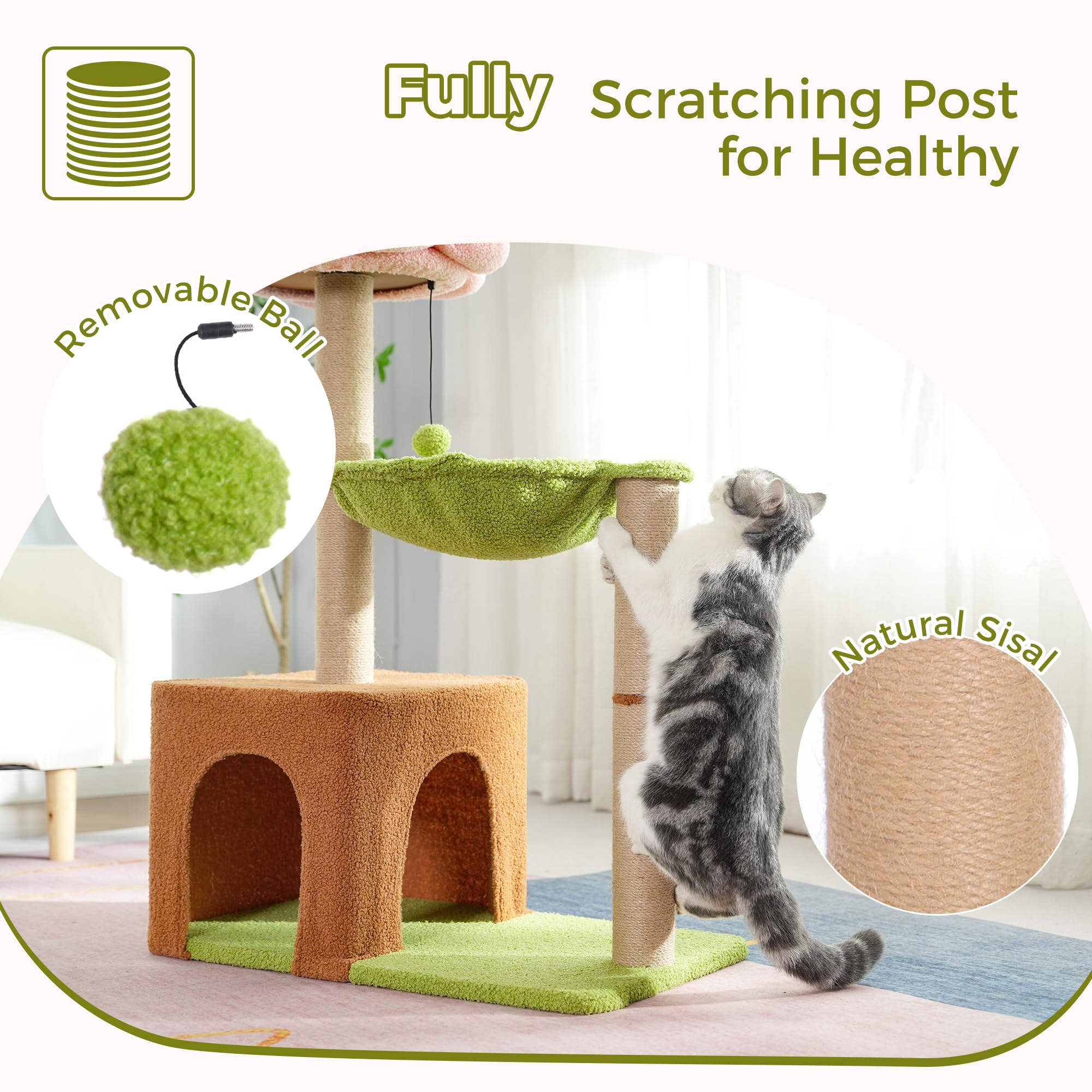 Pawfessor Small Cat Tree Cute Cat Tower 36    Flower Cat Scratching Post With Large Cat Hammock Dia 15.7    And Flower Cat Perch