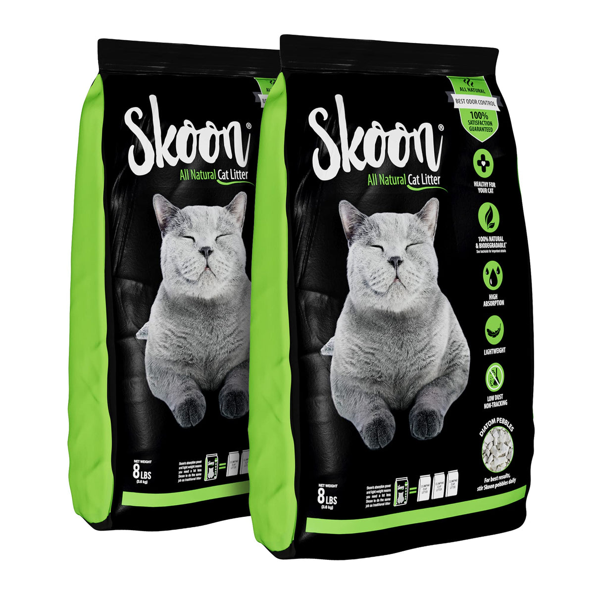 (2 Bags) Skoon All-Natural Cat Litter - Light-Weight, Non-Clumping, Low Maintenance, Eco-Friendly - Absorbs, Locks And Seals Liq