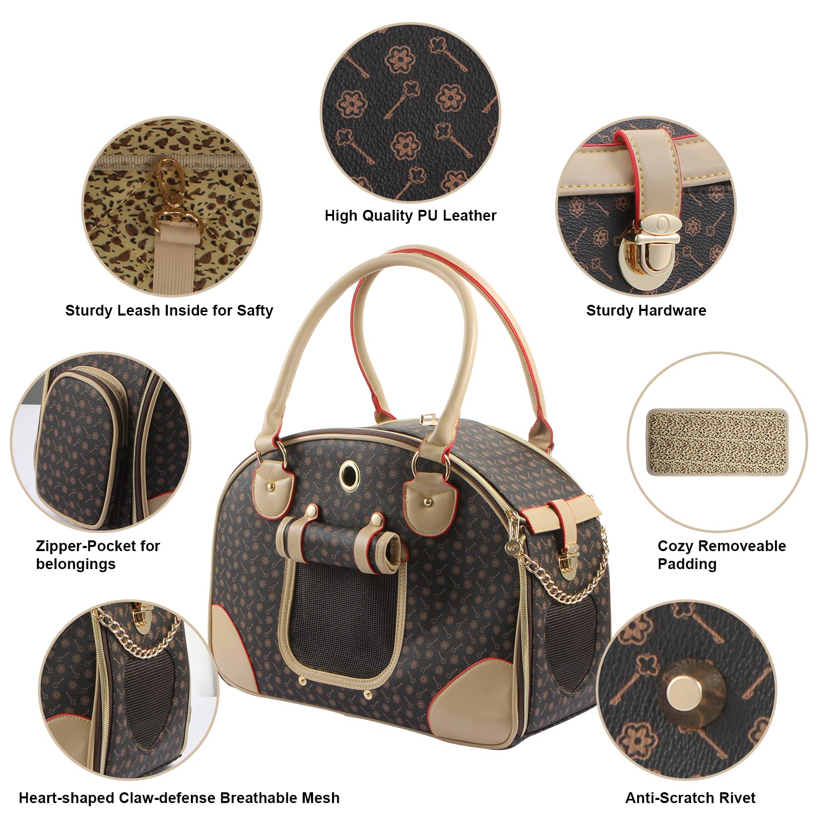 Betop House Fashion Dog Carrier Pu Leather Dog Handbag Dog Purse Cat Tote Bag Pet Cat Dog Hiking Bag, Brown, Large