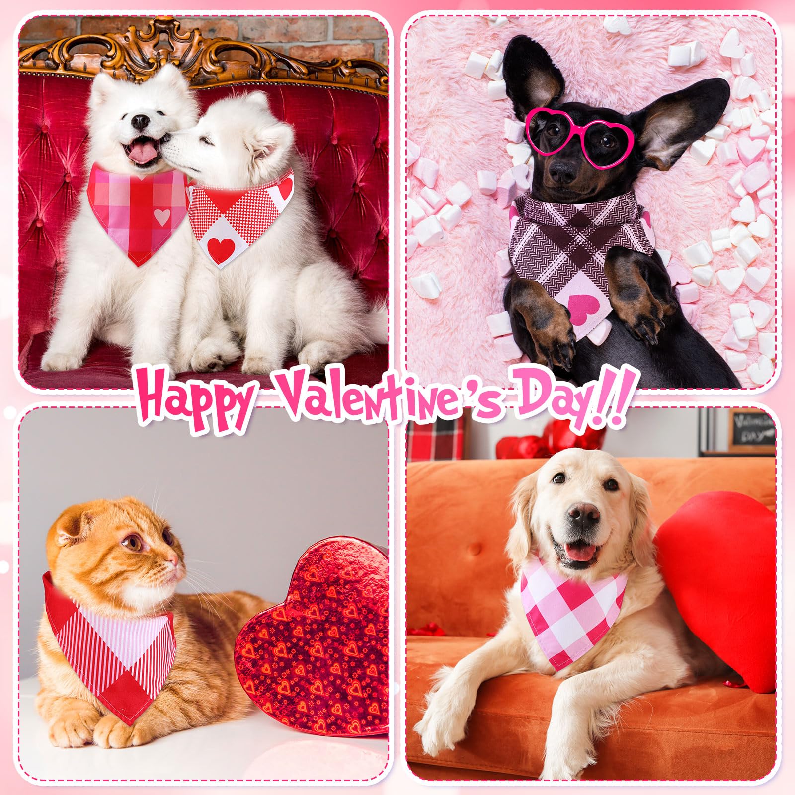 Sweetude 60 Pcs Wedding Plaid Dog Bandanas Bulk Heart Pet Scarf Bibs Mother'Day Adjustable Washable Kerchief Holiday Pet Costume