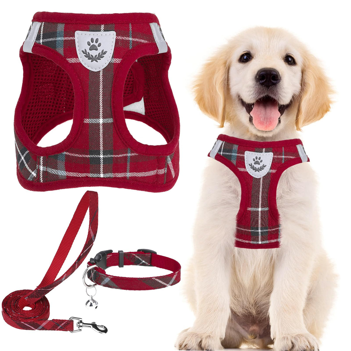 Pupteck Adjustable Dog Harness Collar And Leash Set Step In No Pull Pet Harness For Small Medium Dogs Puppy And Cats Outdoor Walking Running, Soft Mesh Padded Reflective Vest Harnesses, Red Xxs