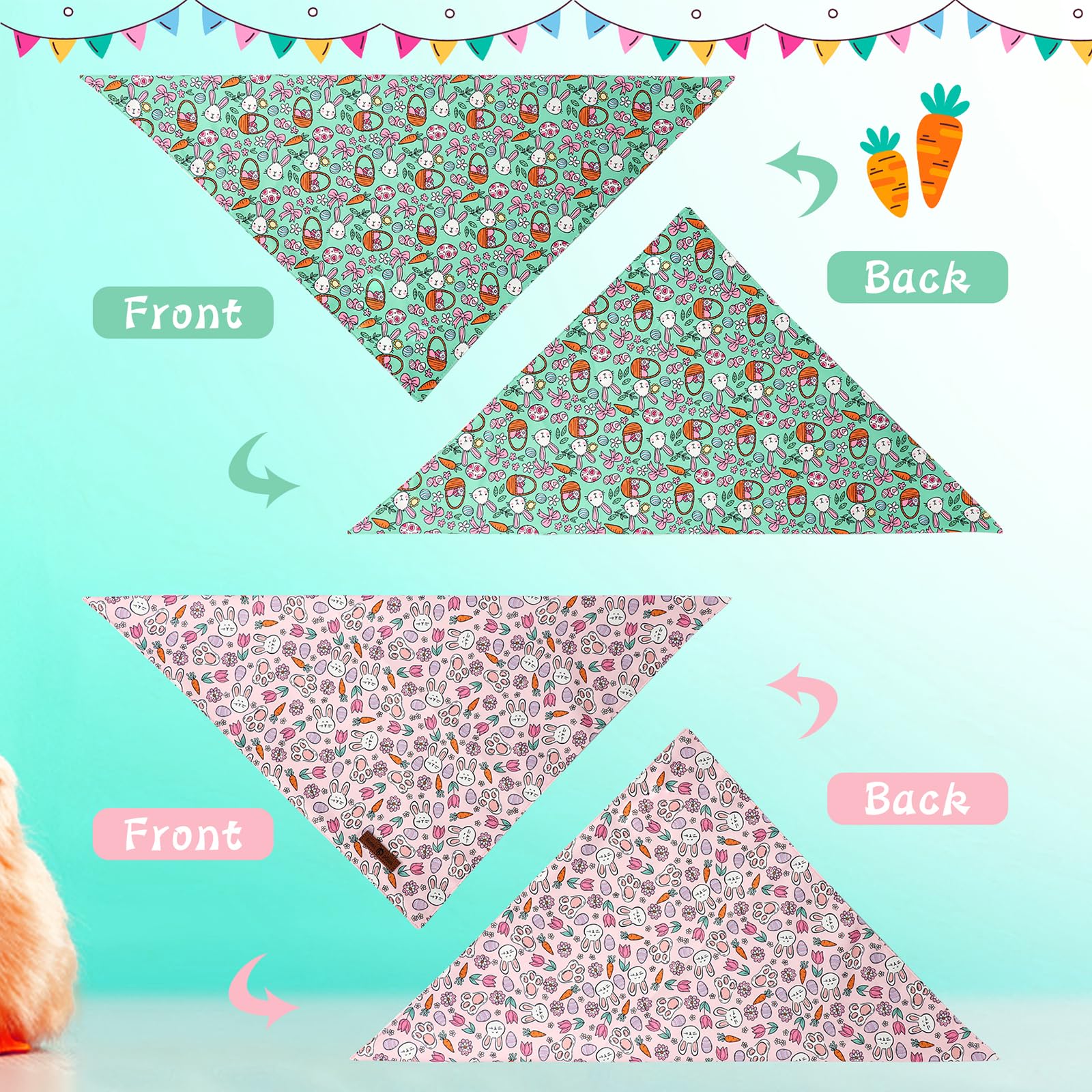 Lionet Paws Easter 2Pcs Dog Bandanas, Pink Rabbit Dog Scarf Bib Premium Fabric,Cute Rabbit Claw Flower Bandanas For Small Medium