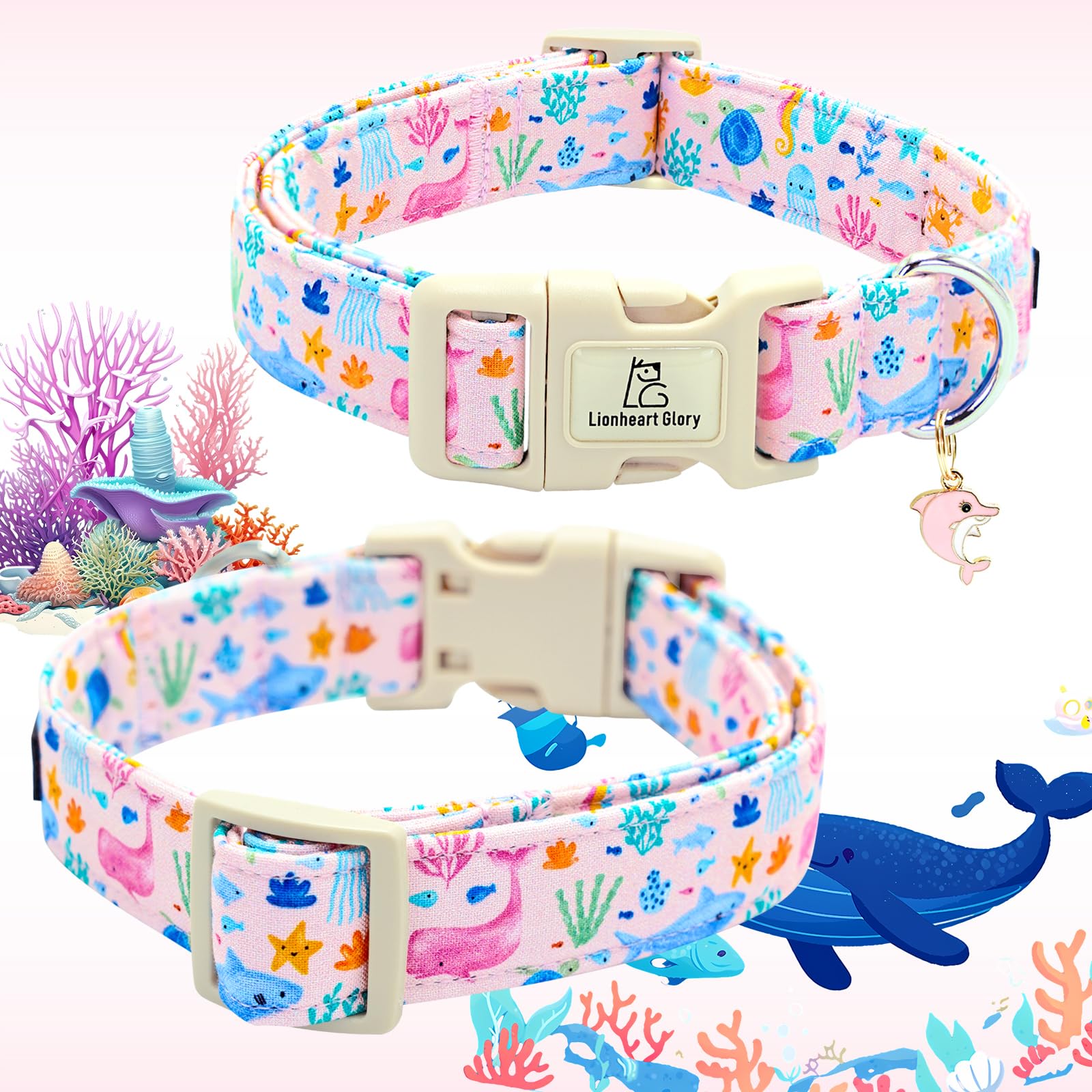 Lionheart Glory Dog Collar Sea Animals Print Pink Dog Collars Male Or Female Spring Summer Cute Collar Pet Gift Durable Adjustab