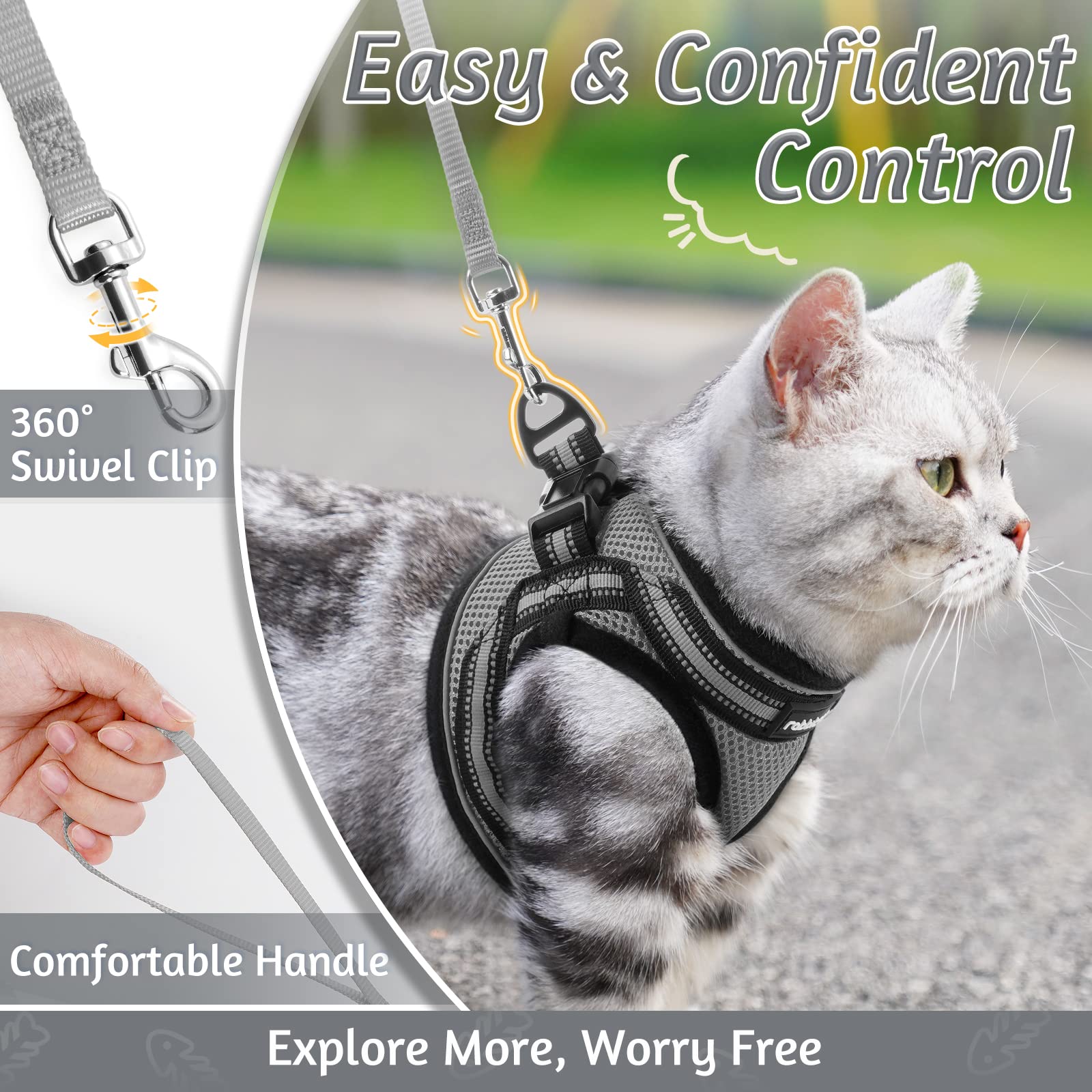 Rabbitgoo Cat Harness And Leash Set For Walking Escape Proof, Adjustable Soft Kittens Vest With Reflective Strip For Cats, Comfortable Outdoor Vest, Grey, S