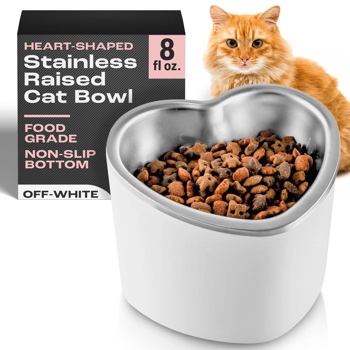 Ocm Raised Cat Bowl - 8Oz Heart Shaped Bowl For Cats, Small Dogs - Elevated Cat Bowls Promote Digestion, Swallowing - Non-Slip D