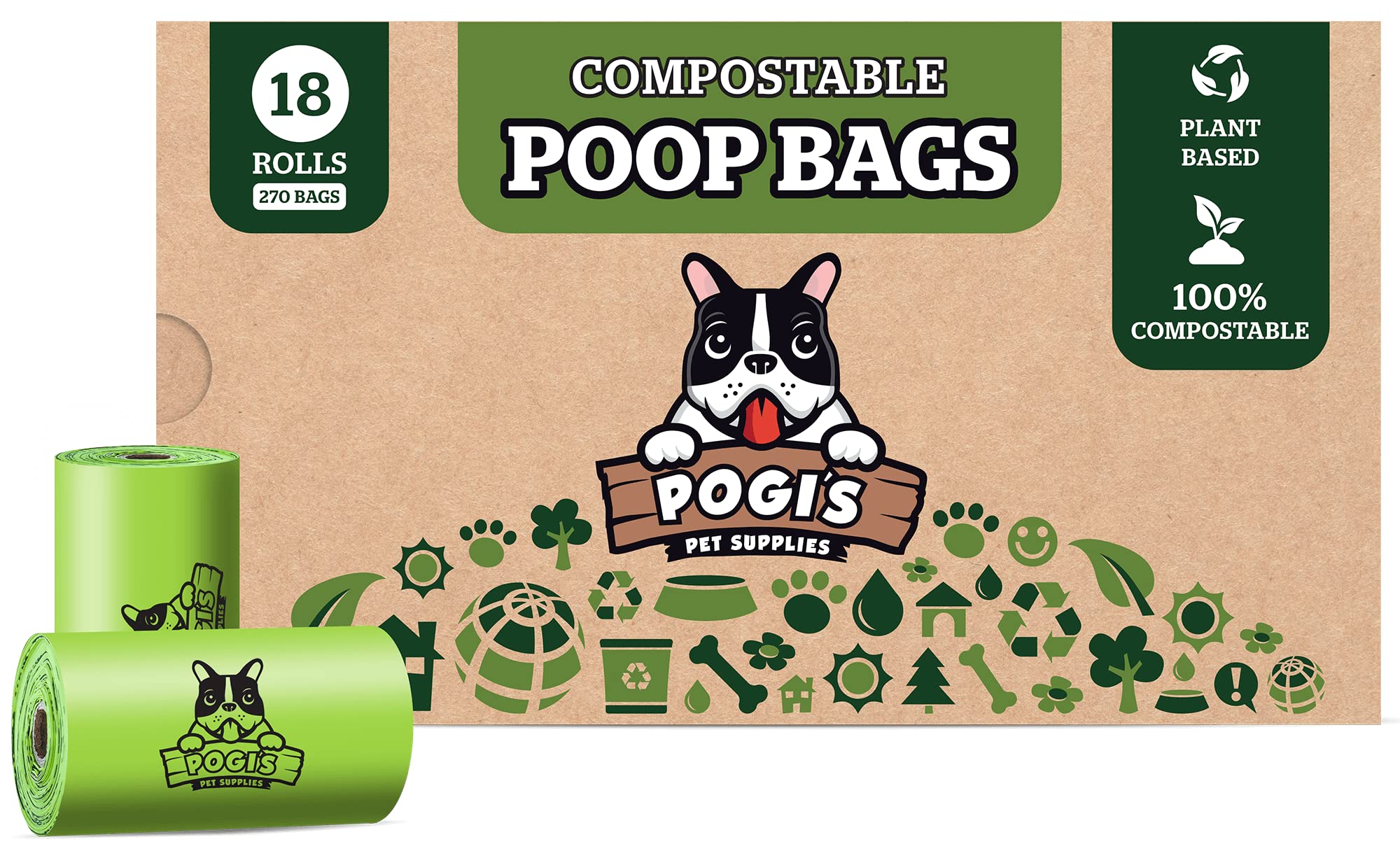 Pogi'S Compostable Dog Poop Bags - 18 Rolls (270 Doggie Poop Bags) - Leak-Proof Dog Waste Bags, Plant-Based Astm D6400, En 13432