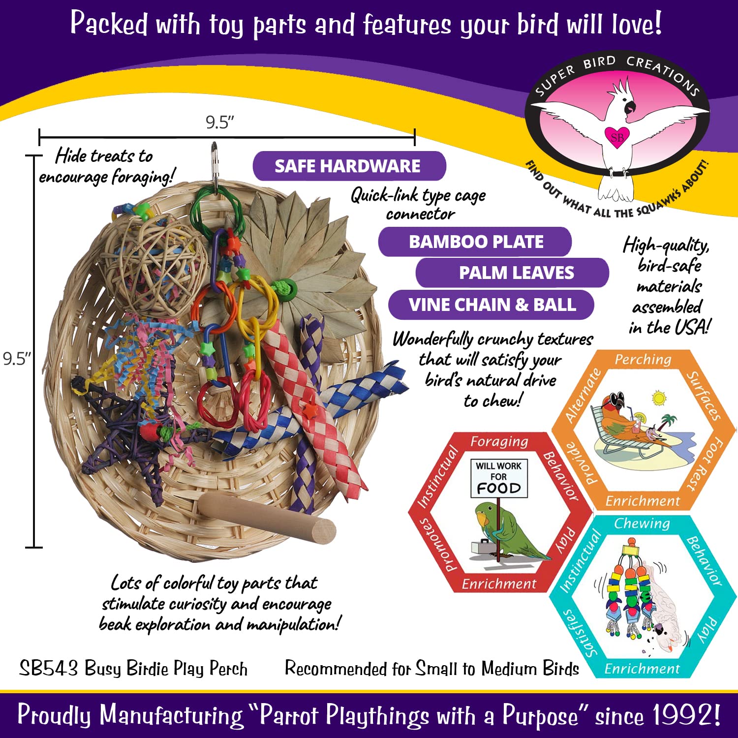 Super Bird Creations Sb543 Busy Birdie Play Perch - Foraging Bird Toy, Small & Medium Bird Size - Parakeets, Cockatiels, Small Conures - Interactive Elements - Stimulating Playtime - 9.5' X 9.5' X 6'