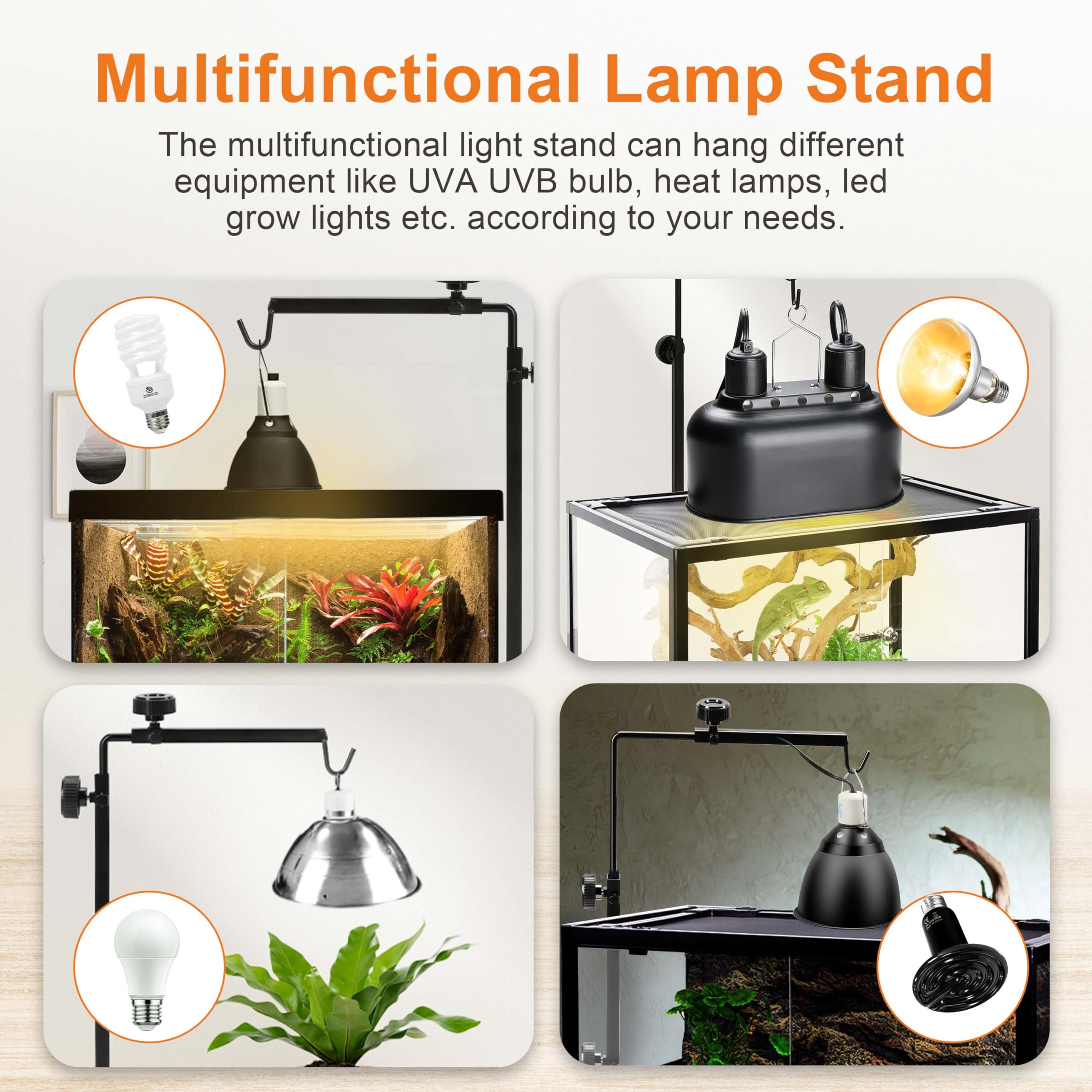 Simple Deluxe Adjustable Reptile Lamp Stand, 15"-36", Metal, Black, 36.6 x 14.6 inch