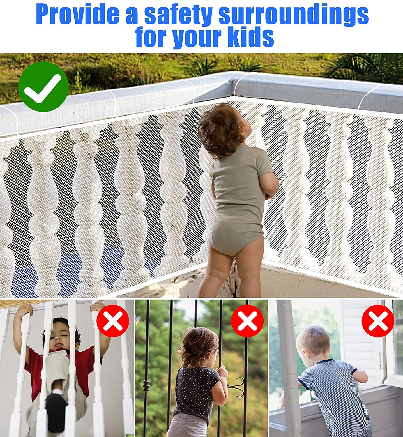 Stairway Net - Baby Safety Rail - Balcony Railing Guard -10Ft L X 2.64Ft H Banister Proofing Stair For Child, Small Pet,Toy- Indoor & Outdoor(White) 2