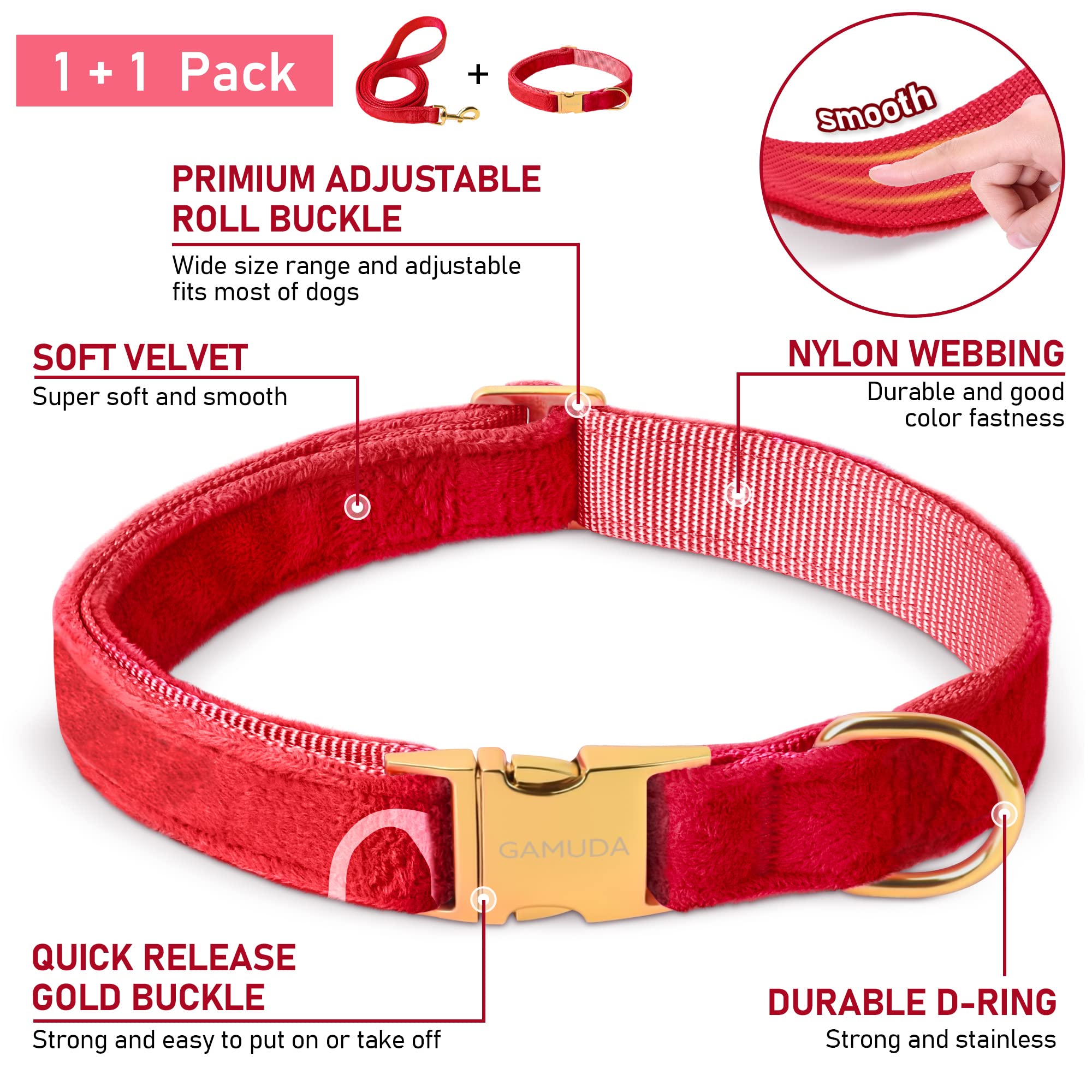 Gamuda Velvet Dog Collar And Leash, Super Soft And Smooth, Heavy Duty Gold Buckle, Comfortable And Easy To Clean, Adjustable Collar For Dog (Xl, Red)