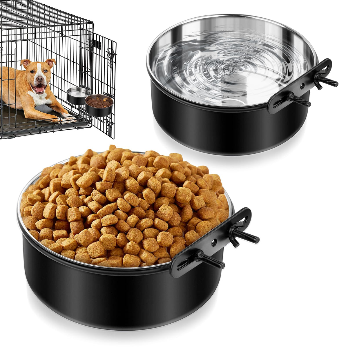 2 Pack No Spill Dog Crate Bowls, Black Stainless Steel Mountable Crate Bowls For Kennel Cage, Cat Puppy Bunny Birds (50Oz+33Oz)