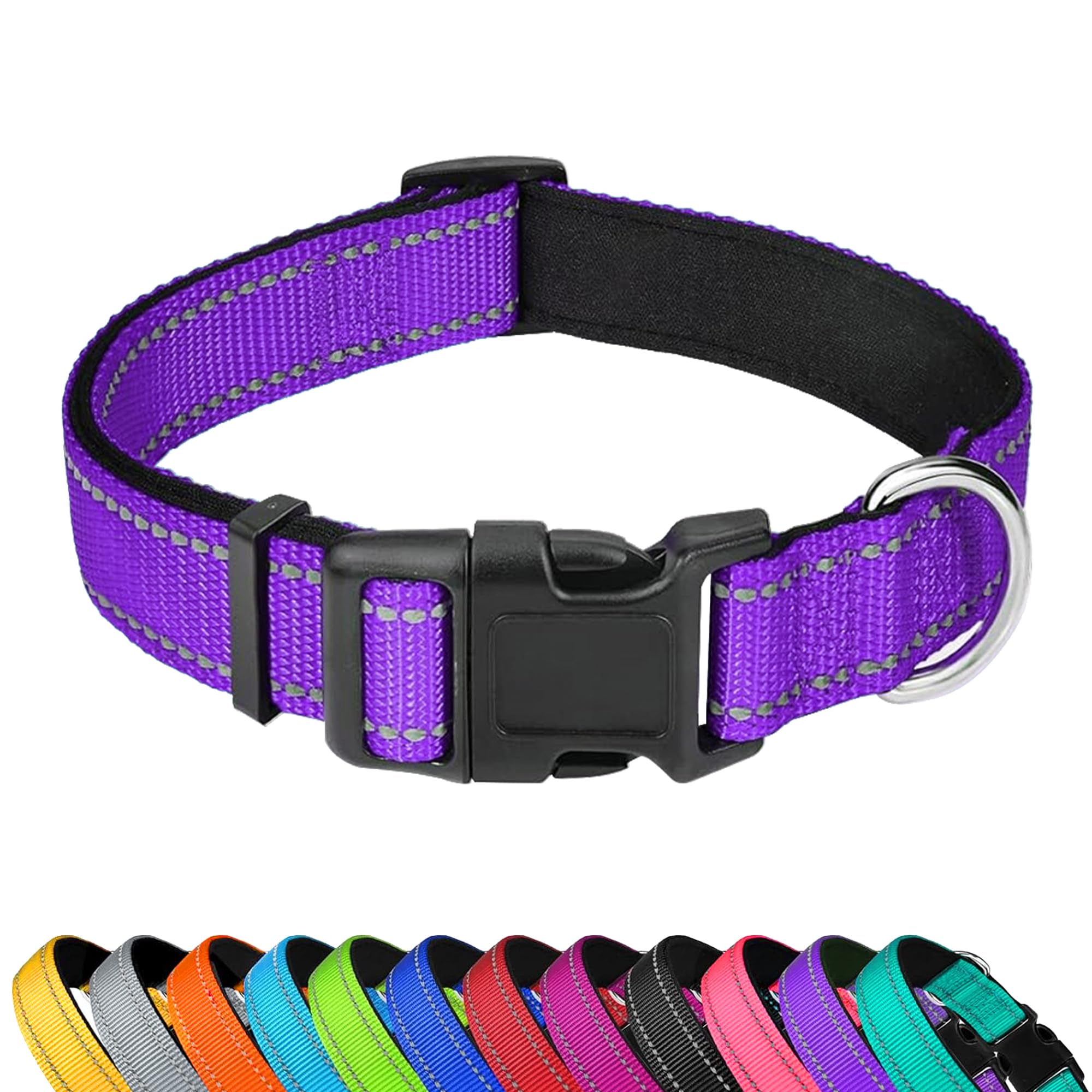 Pwod Reflective Dog Collar, Adjustable Soft Neoprene Padded Nylon Pet Collars With Buckle For Medium Dogs, Purple,M
